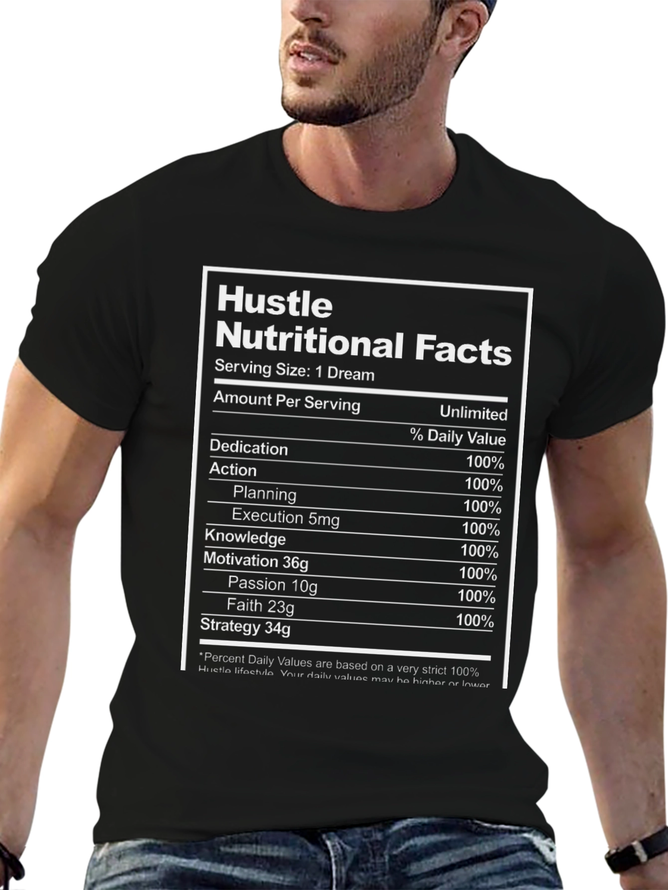 Hustle Nutritional Facts Black T-Shirt - Motivational Dream Apparel