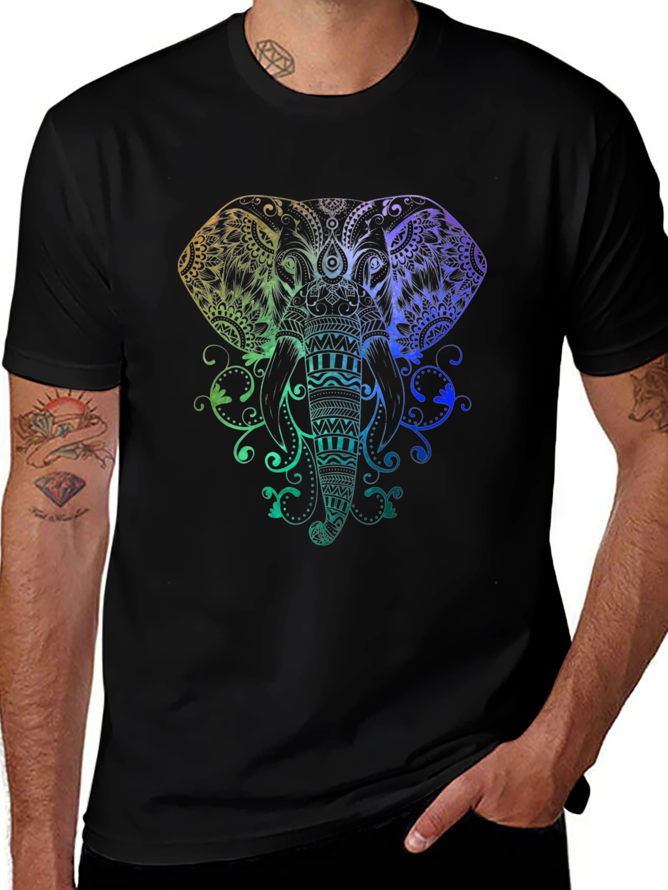 Elephant Mandala Graphic Tee - Black