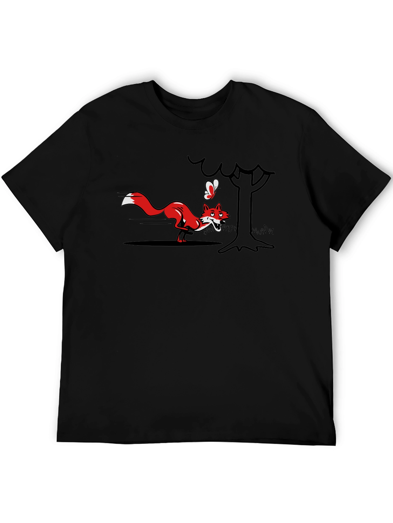 Cartoon Fox and Butterfly Black T-Shirt