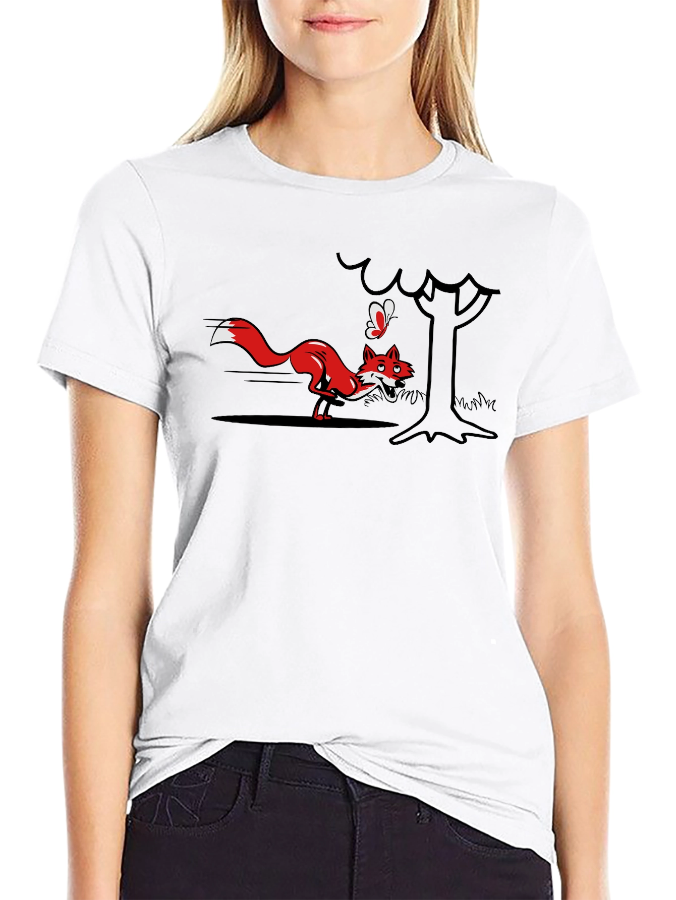 Cartoon Fox and Butterfly Black T-Shirt