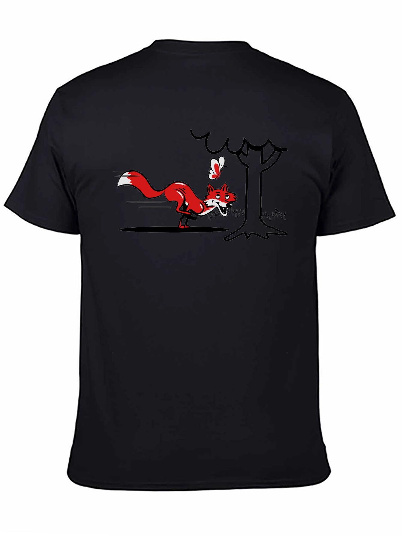 Cartoon Fox and Butterfly Black T-Shirt