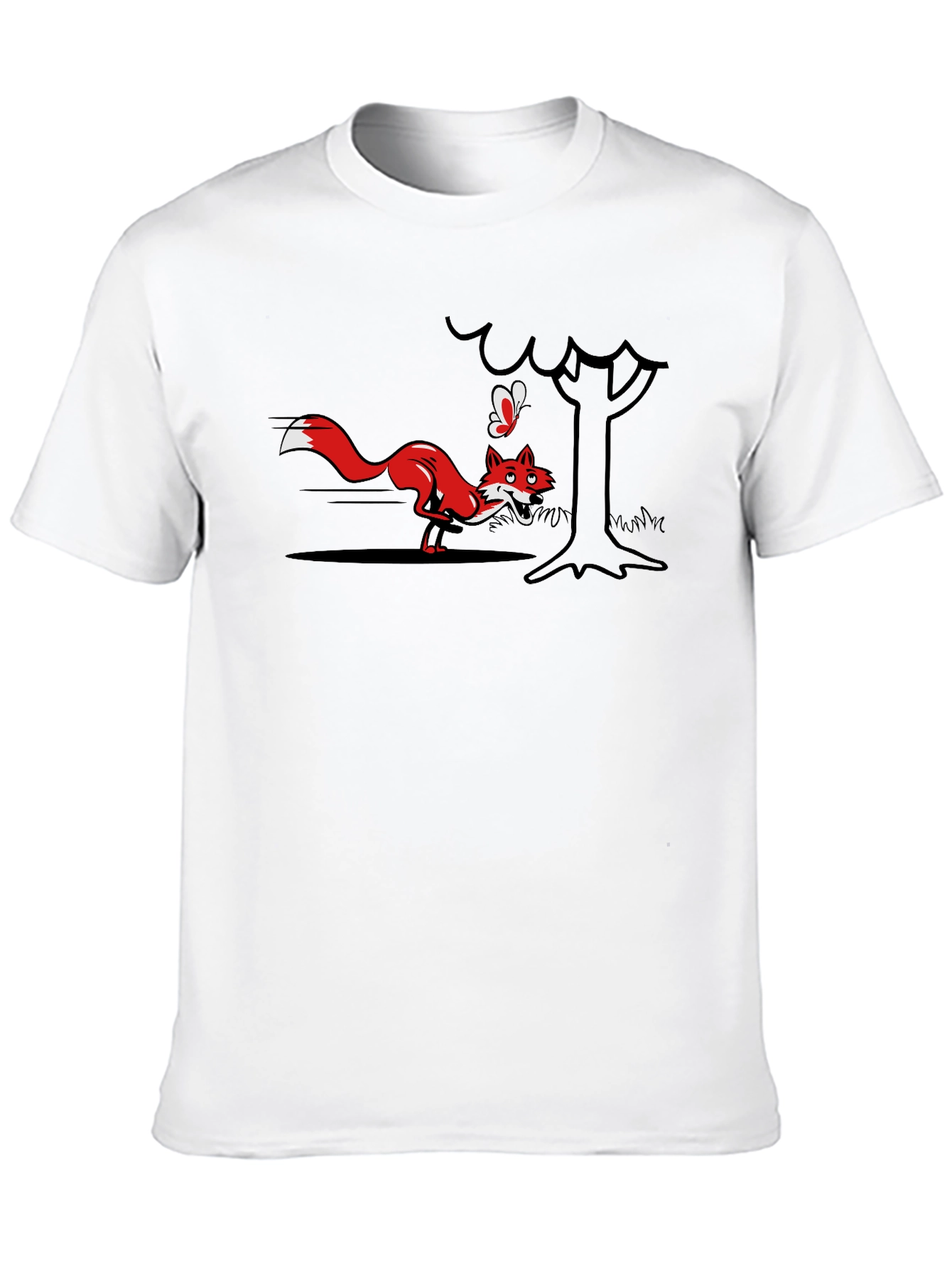 Cartoon Fox and Butterfly Black T-Shirt