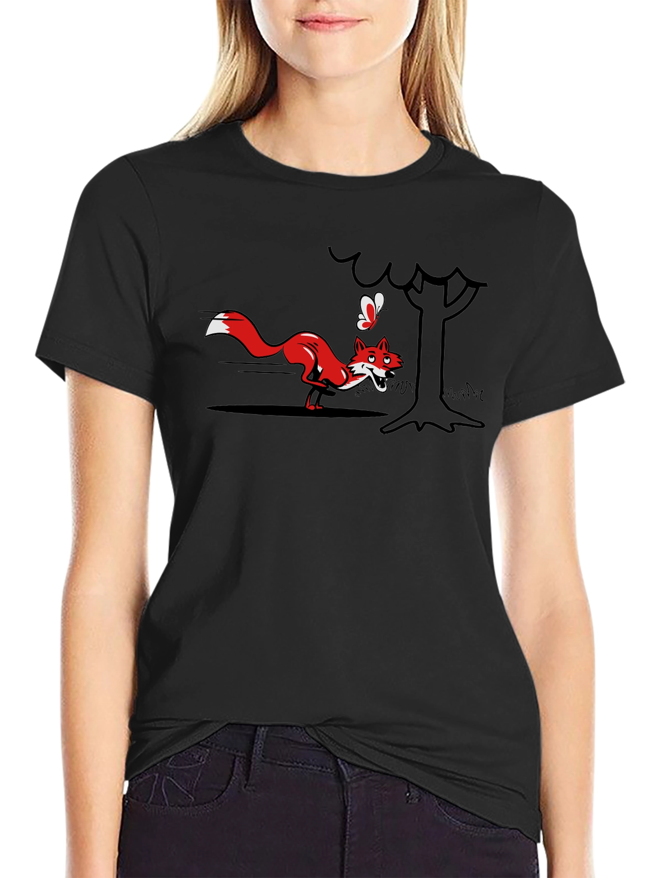 Cartoon Fox and Butterfly Black T-Shirt