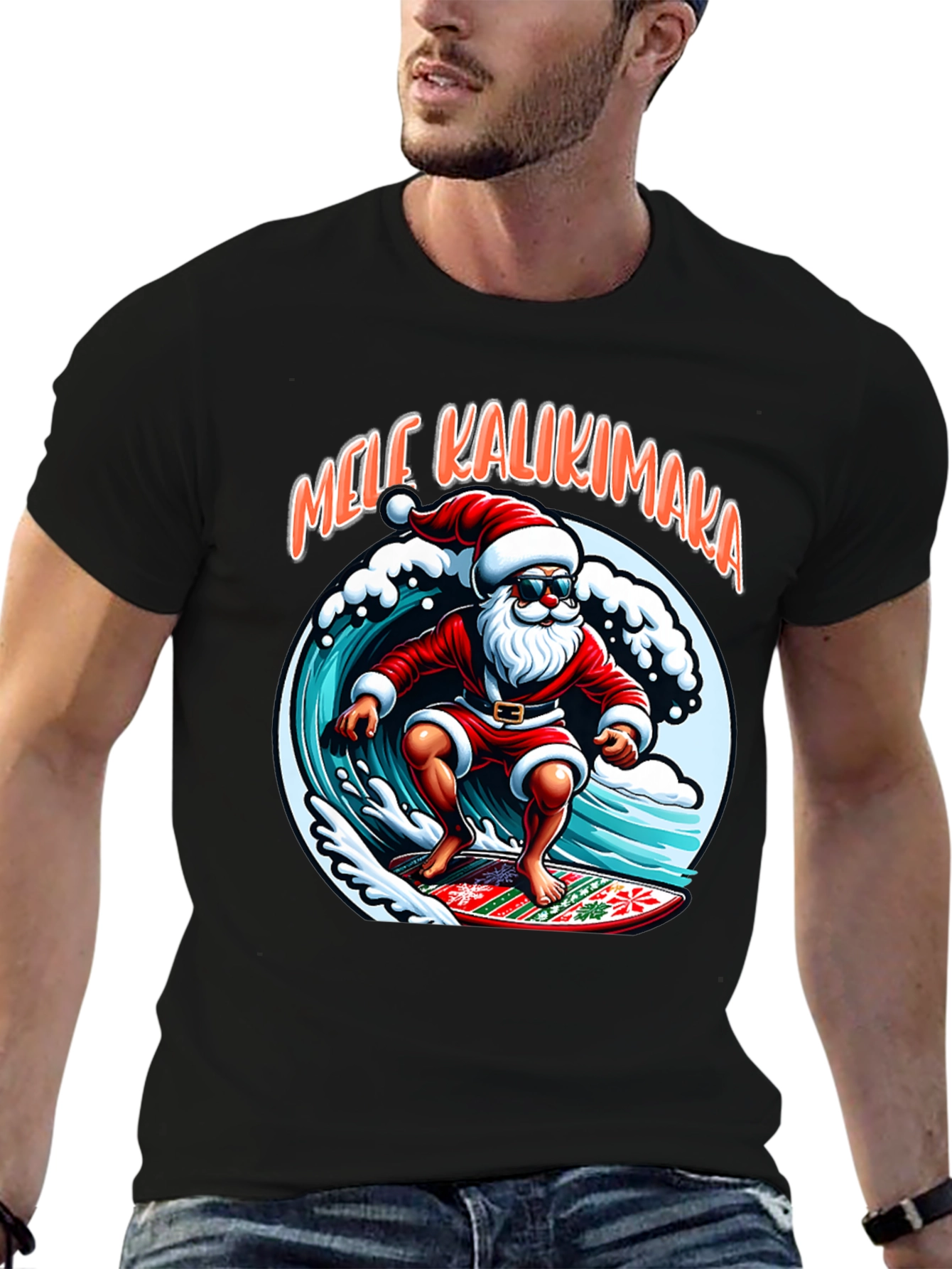 Surfing Santa Mele Kalikimaka Graphic Tee
