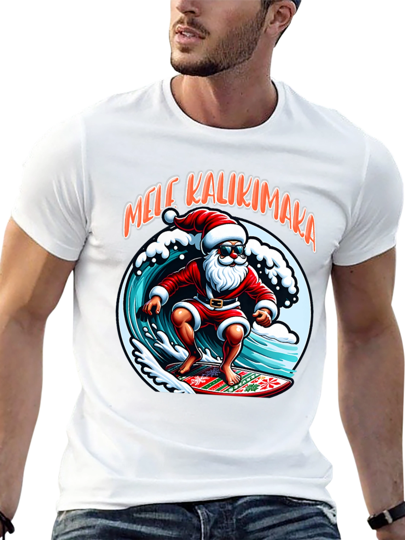 Surfing Santa Mele Kalikimaka Graphic Tee