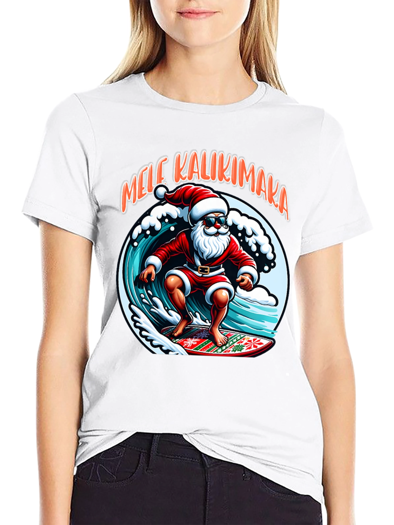 Surfing Santa Mele Kalikimaka Graphic Tee