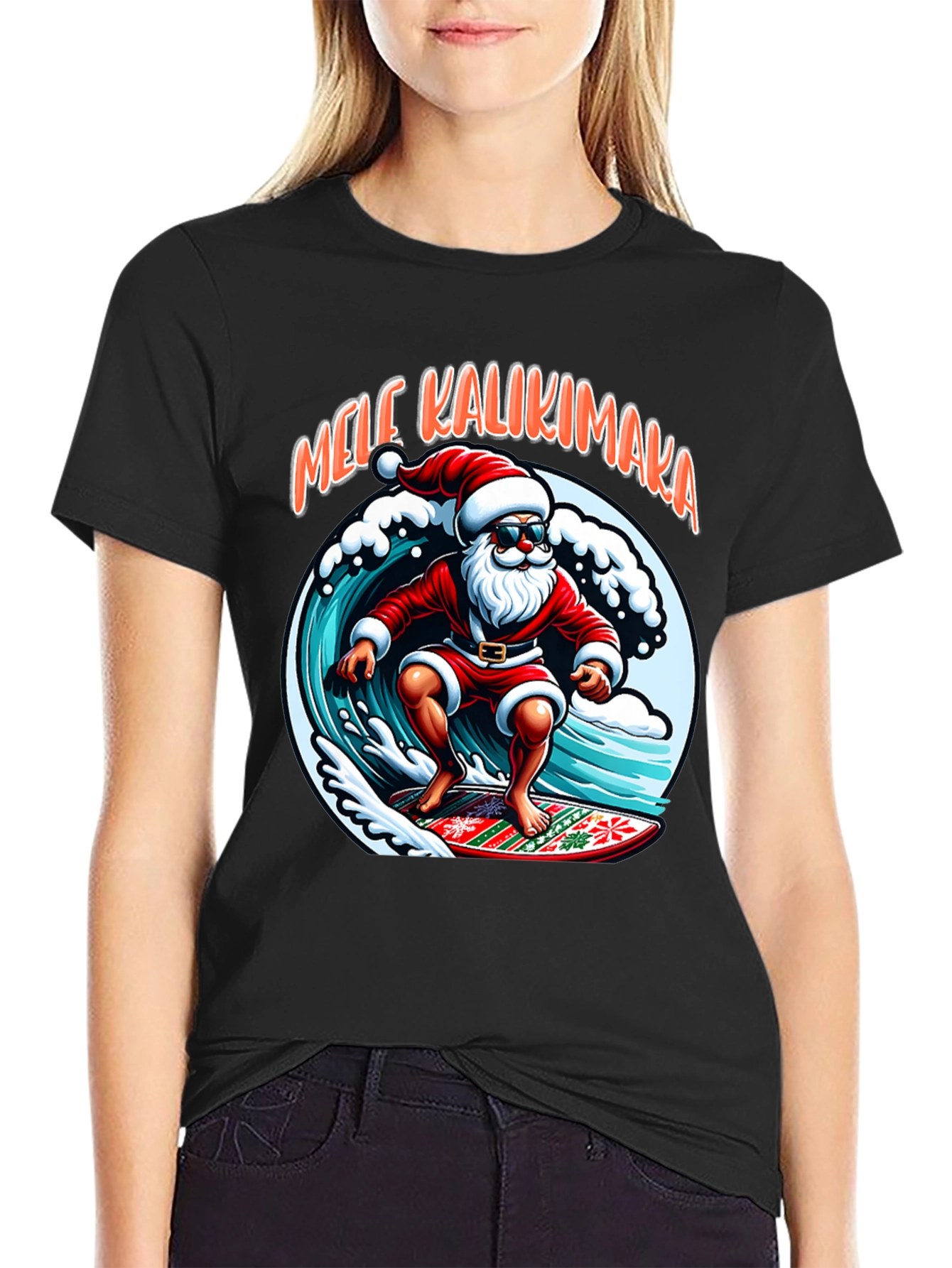 Surfing Santa Mele Kalikimaka Graphic Tee