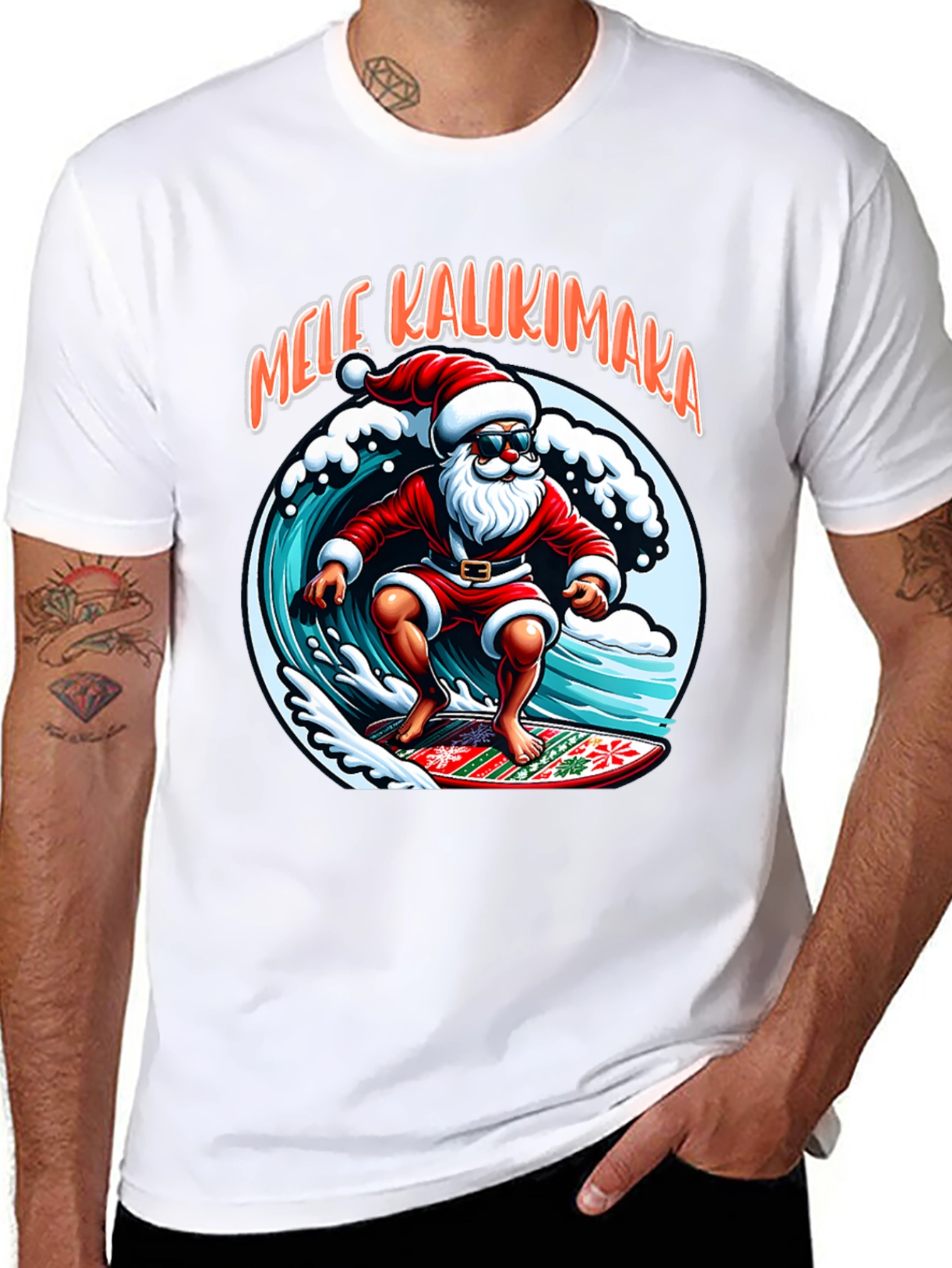 Surfing Santa Mele Kalikimaka Graphic Tee