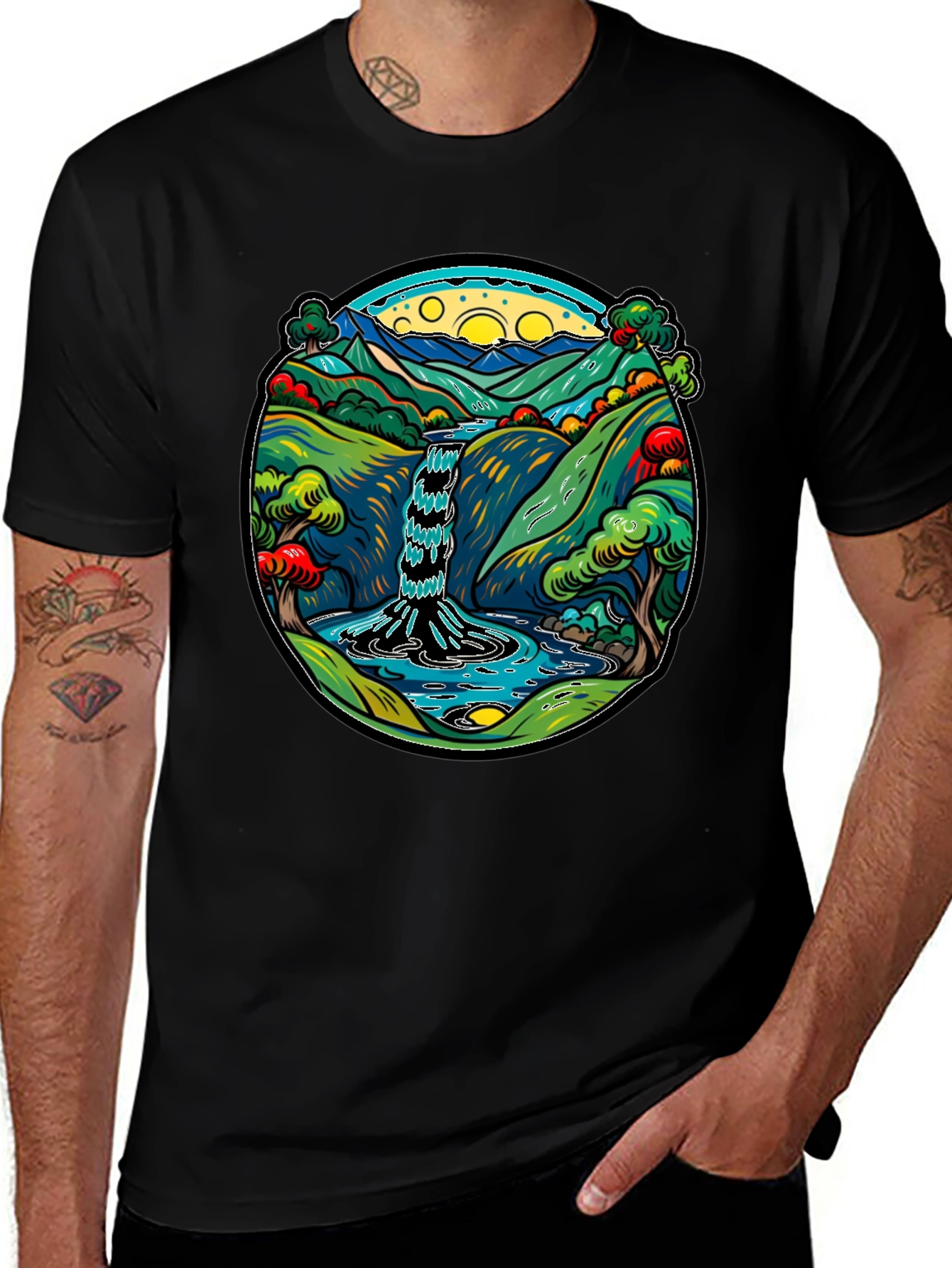 Waterfall Graphic Print Black Tee