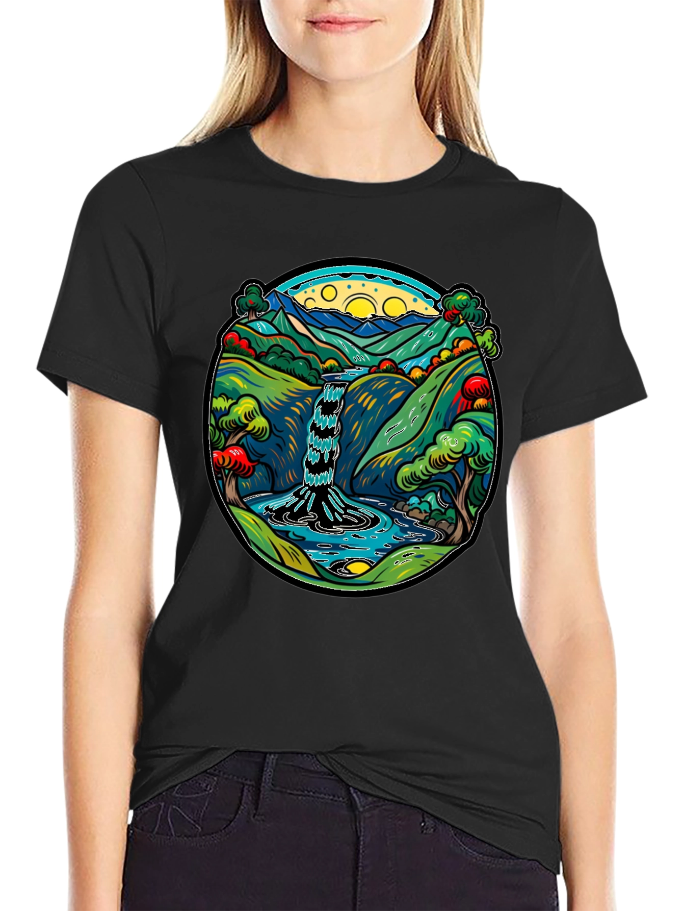 Waterfall Graphic Print Black Tee