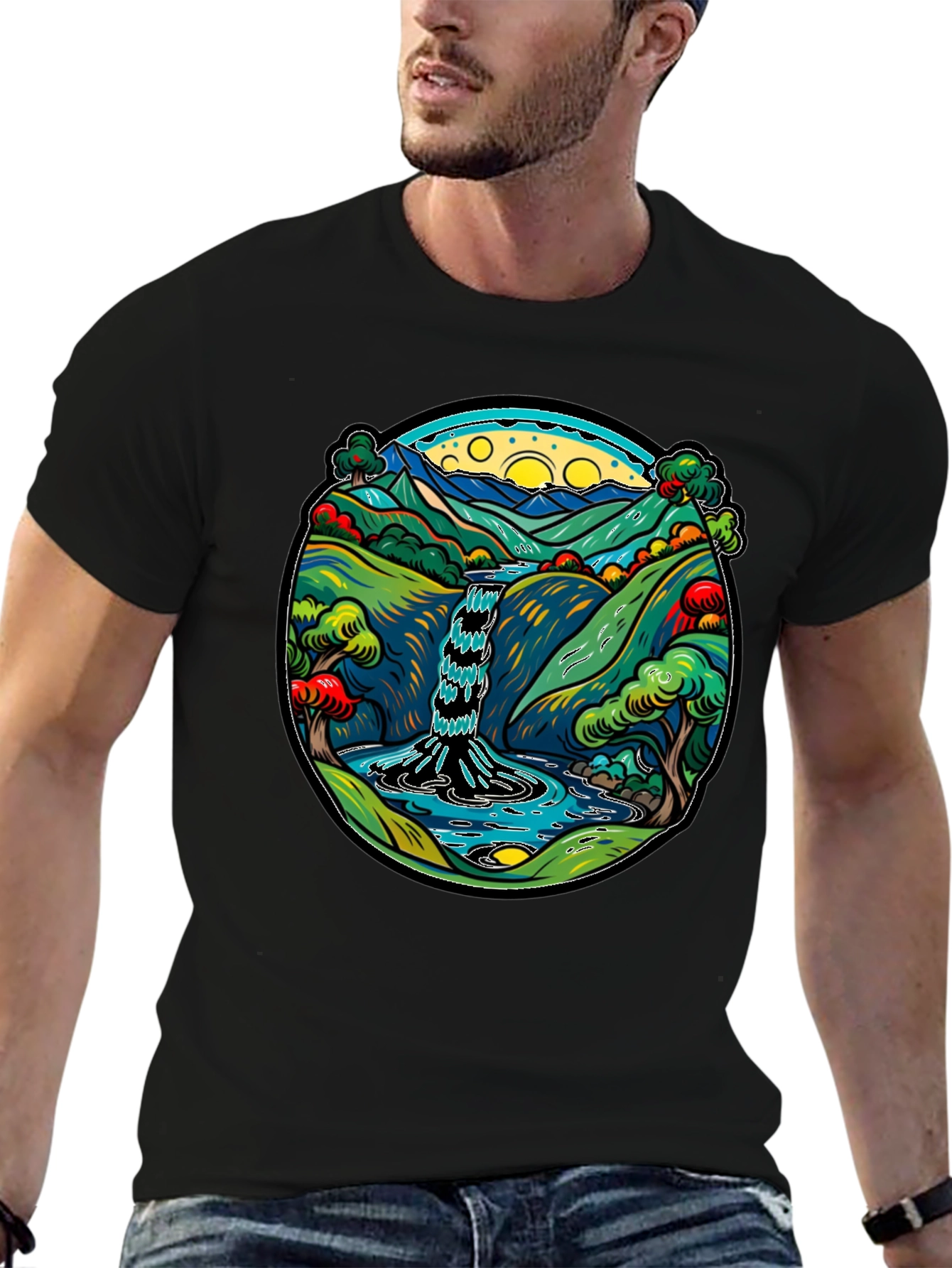 Waterfall Graphic Print Black Tee