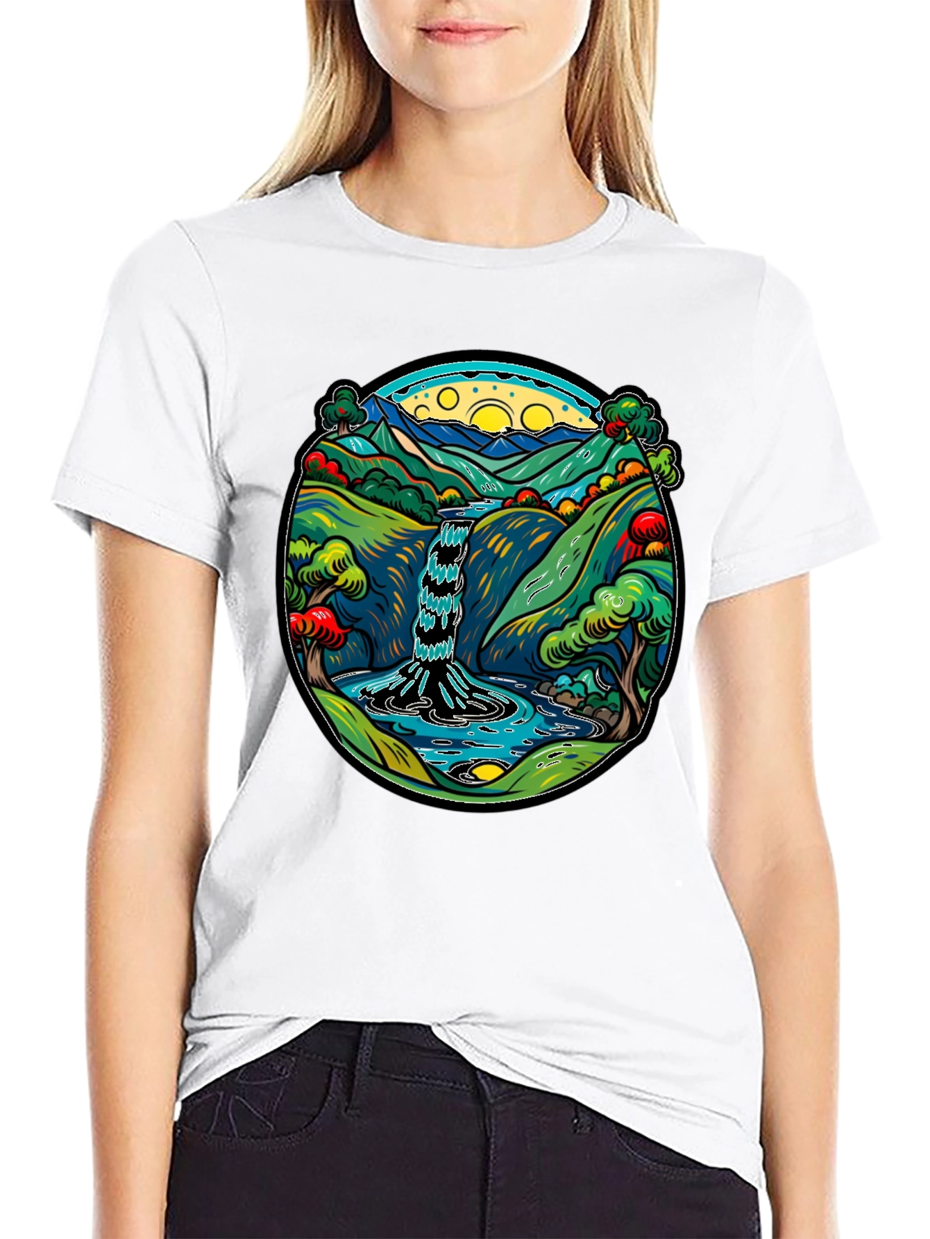 Waterfall Graphic Print Black Tee