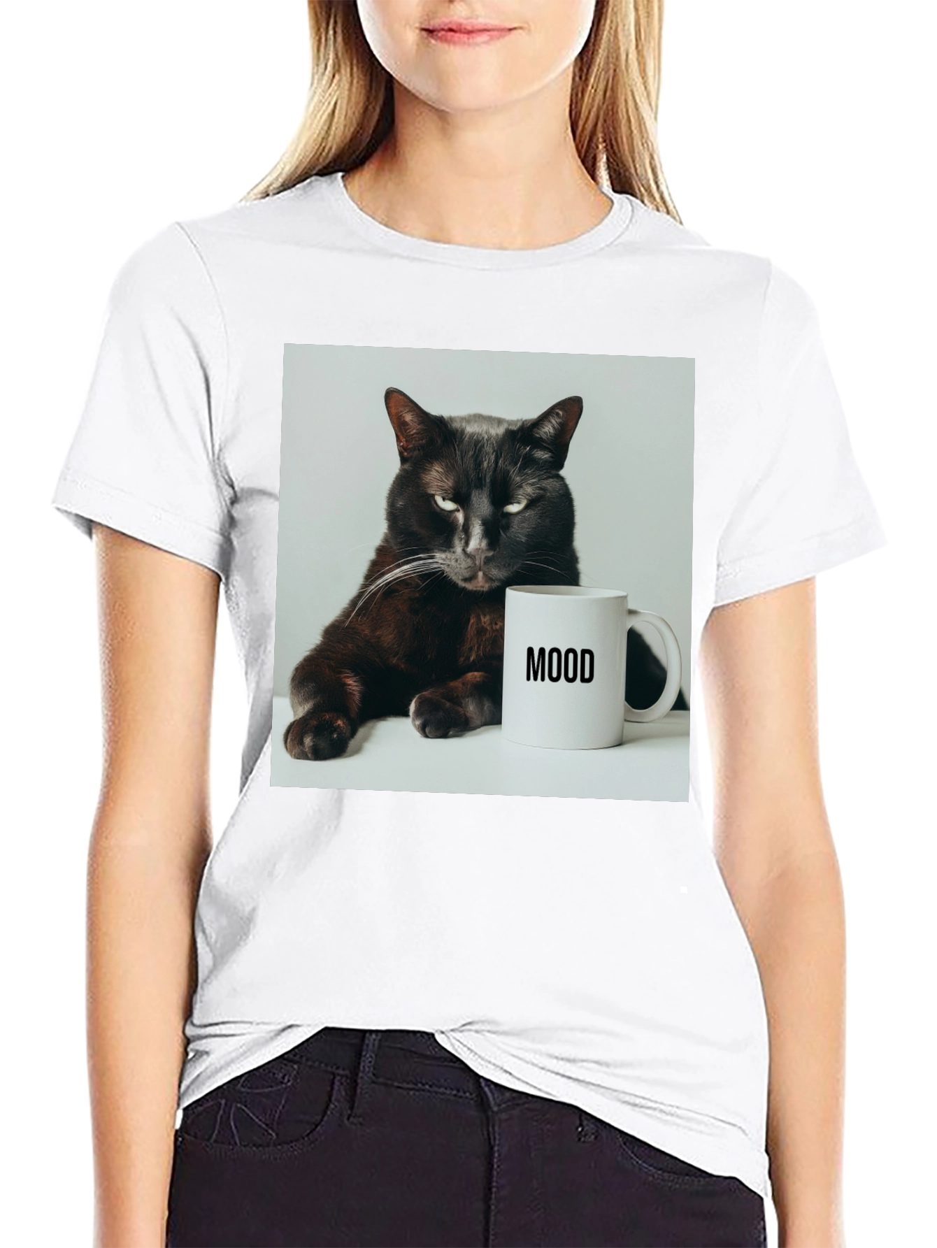 Mood Cat Graphic Tee - Black Cotton Comfort