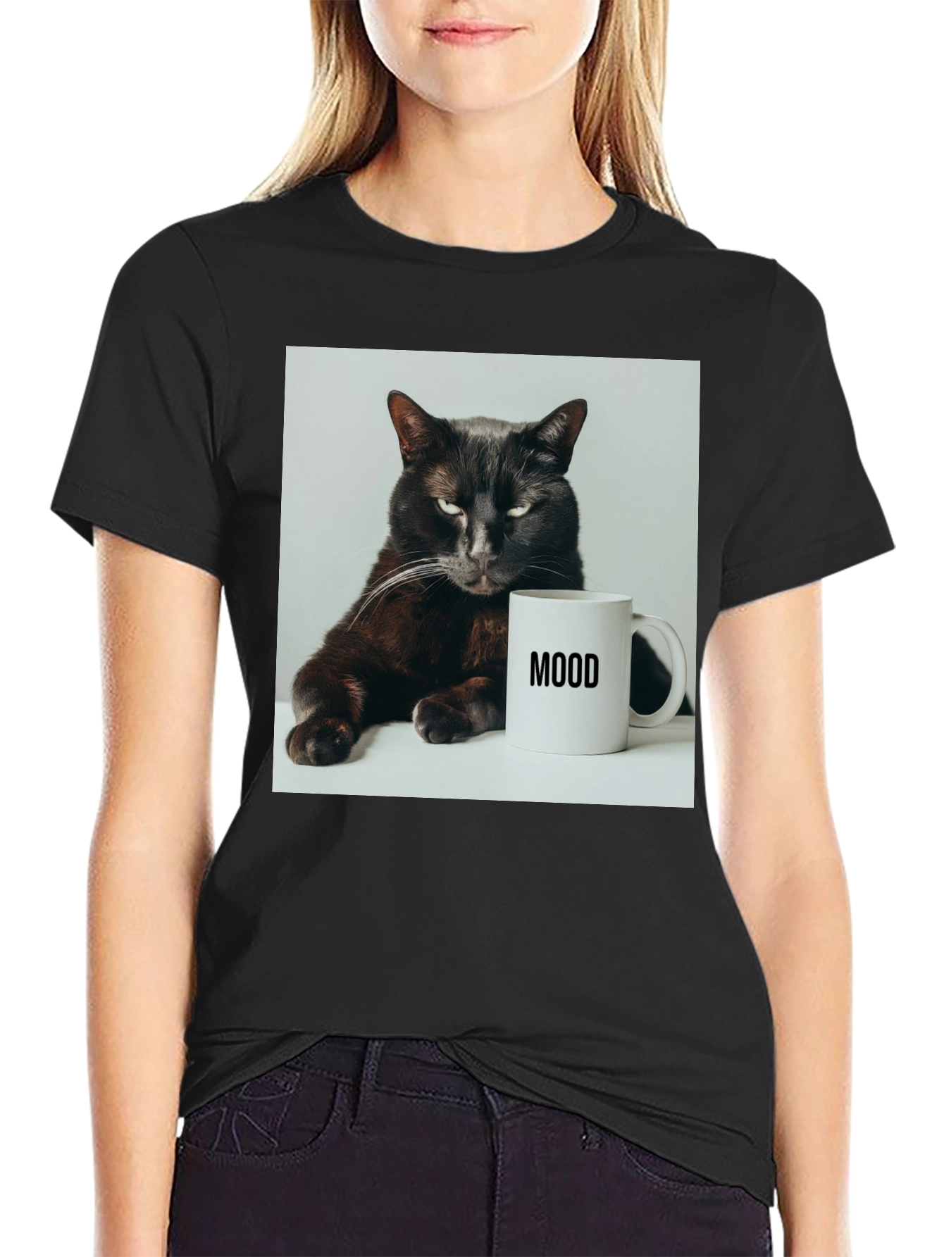 Mood Cat Graphic Tee - Black Cotton Comfort