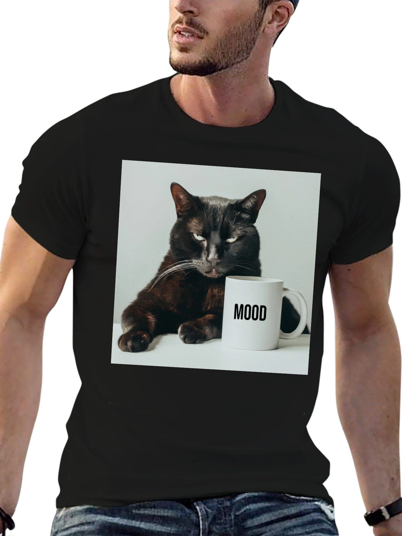 Mood Cat Graphic Tee - Black Cotton Comfort