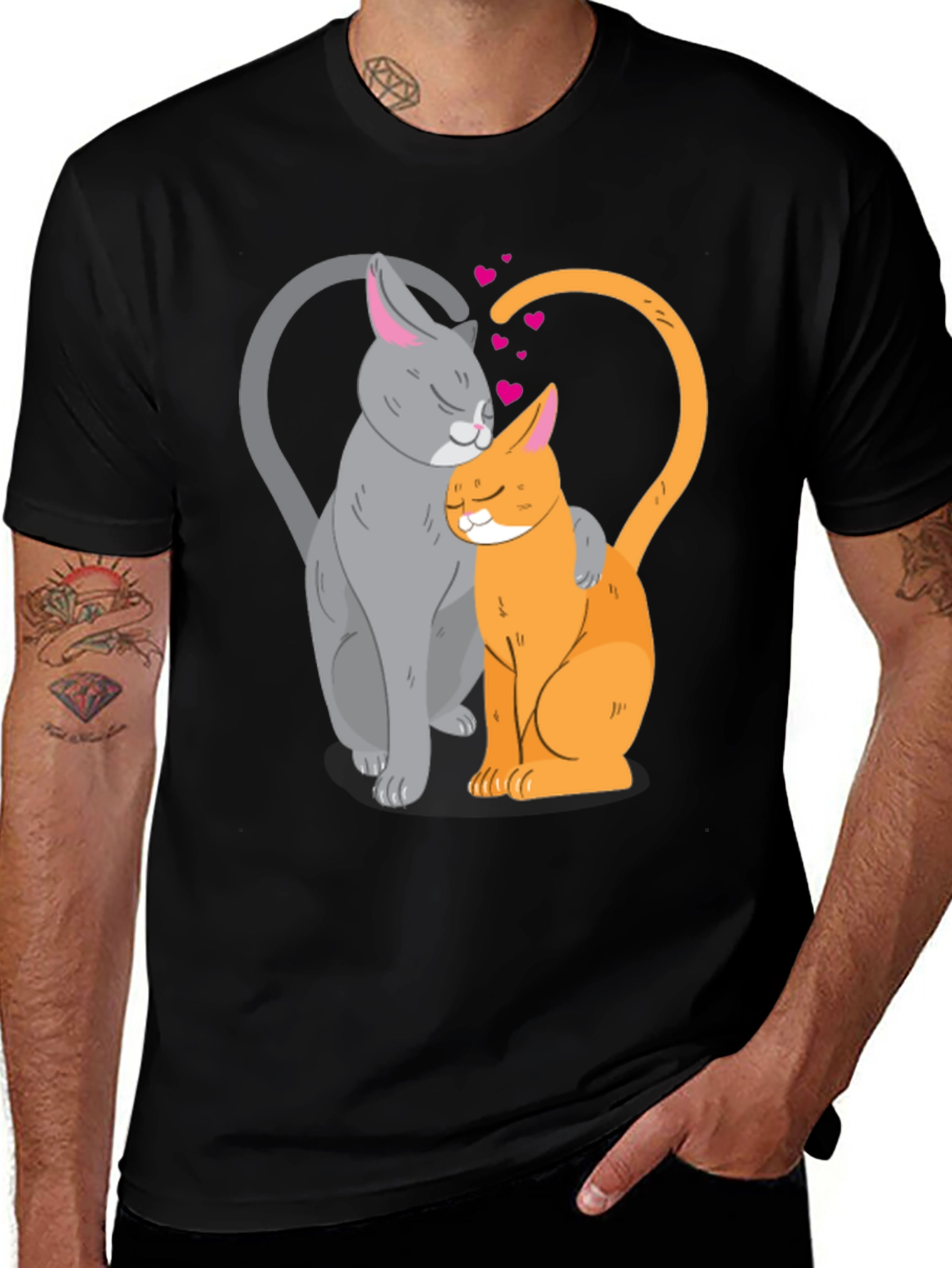 Cute Cats in Love Graphic T-Shirt - Black