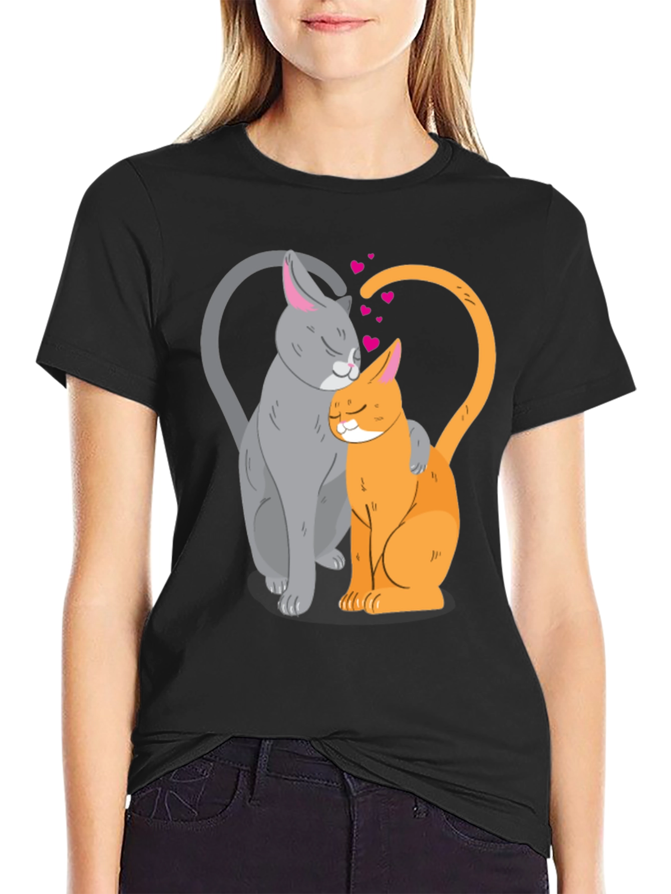 Cute Cats in Love Graphic T-Shirt - Black