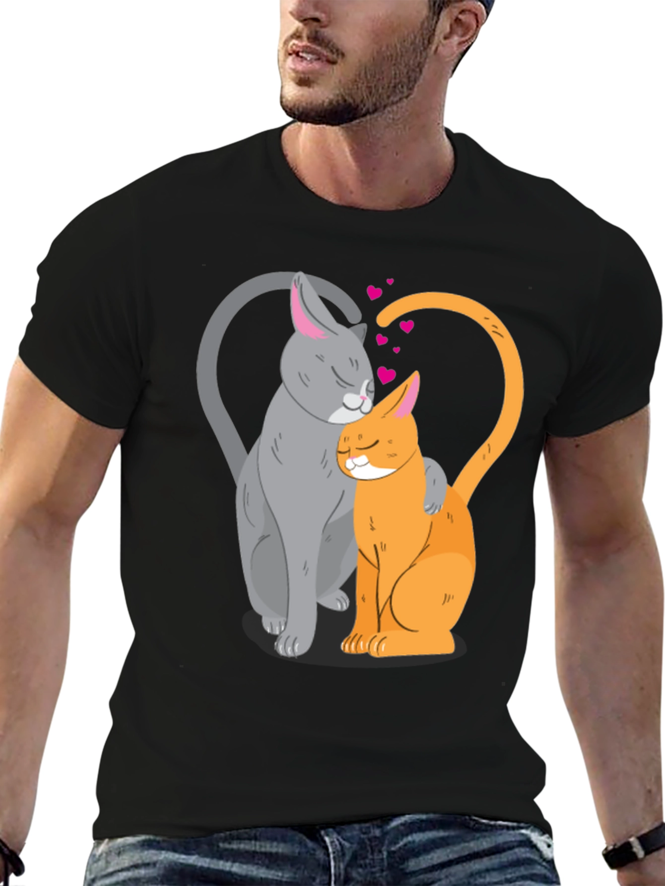 Cute Cats in Love Graphic T-Shirt - Black