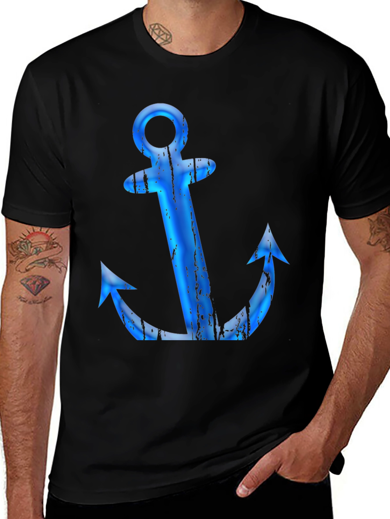 Mens Black T-Shirt with Blue Anchor Graphic