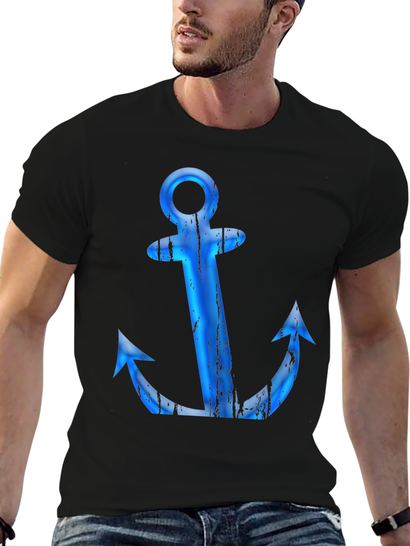 Mens Black T-Shirt with Blue Anchor Graphic