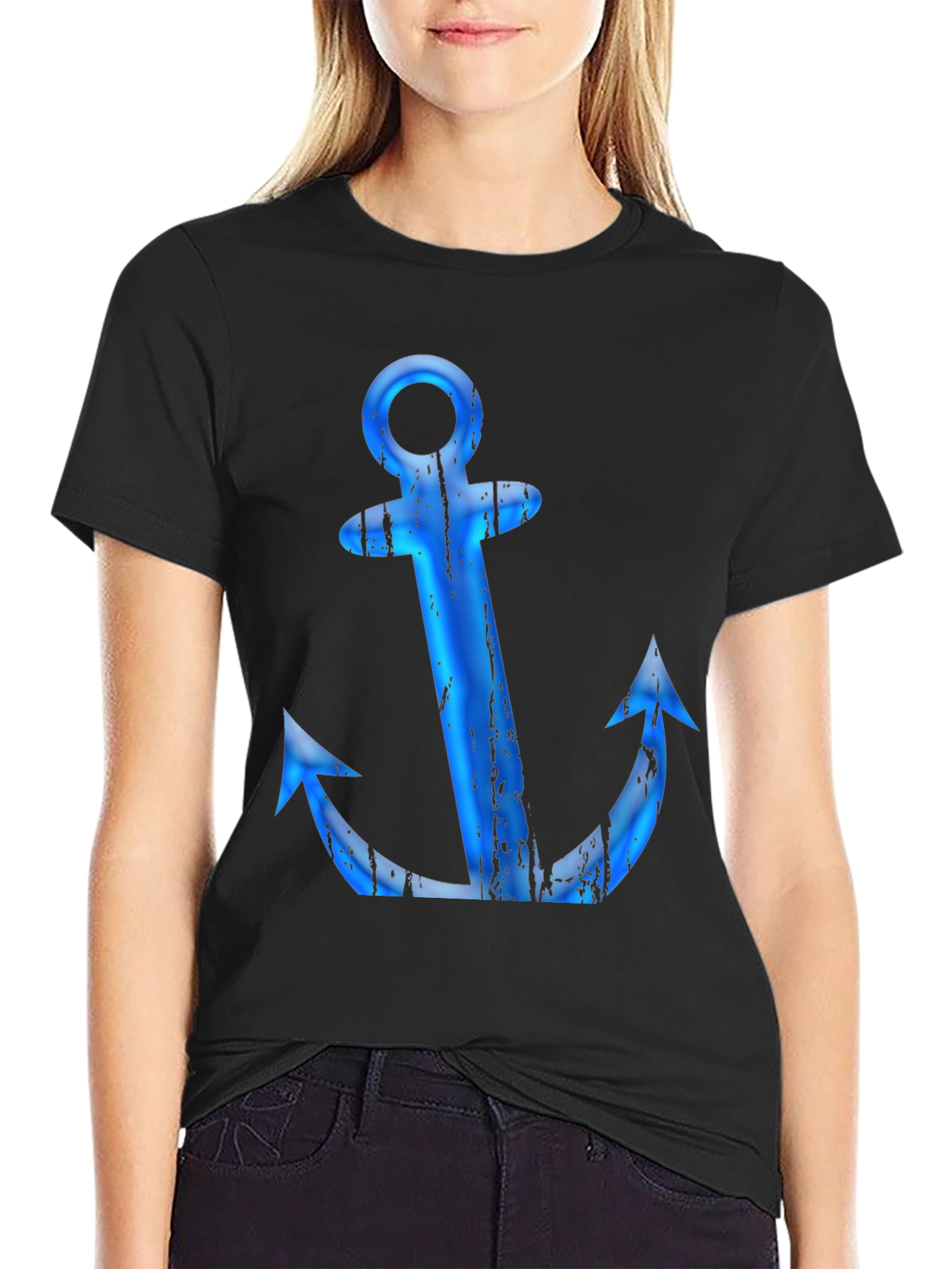 Mens Black T-Shirt with Blue Anchor Graphic