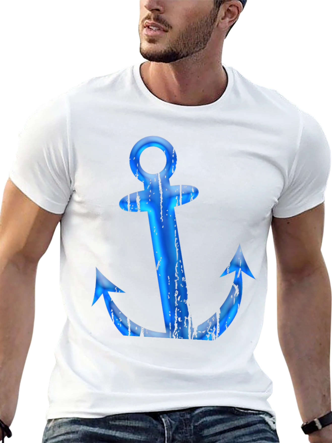 Mens Black T-Shirt with Blue Anchor Graphic