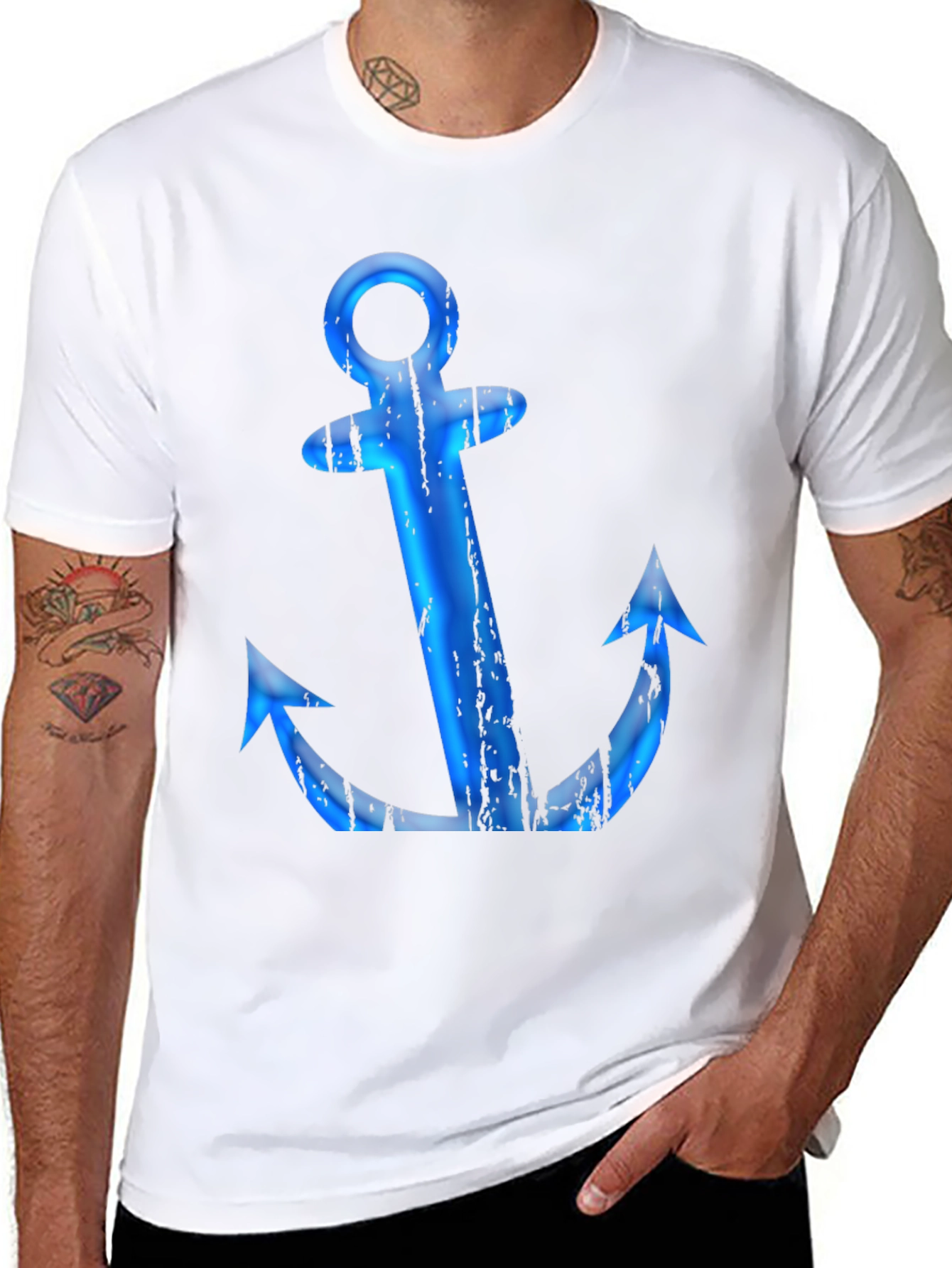 Mens Black T-Shirt with Blue Anchor Graphic