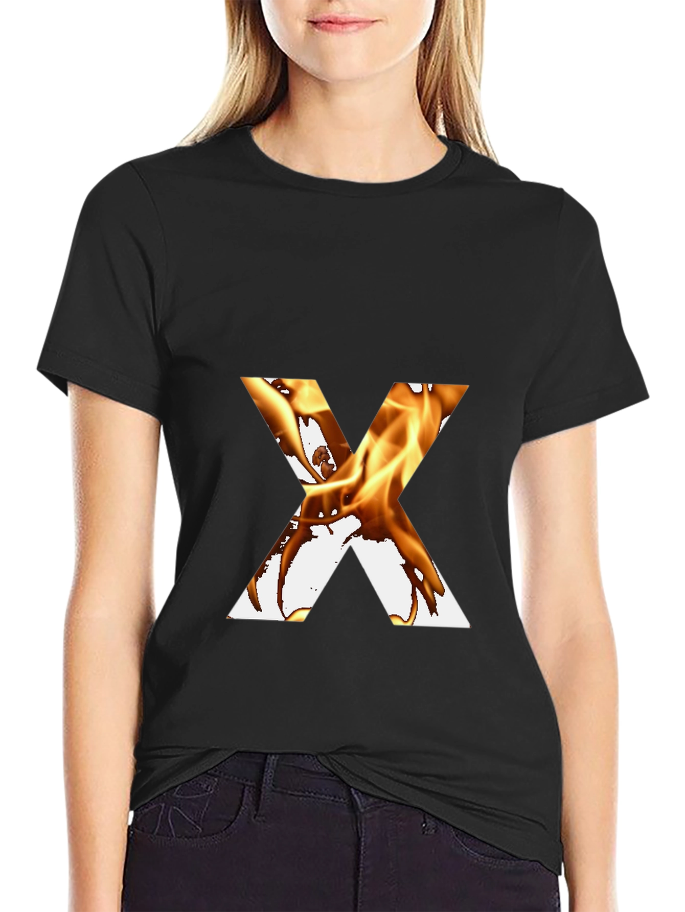 Fiery Letter X Graphic Tee - Bold Black T-Shirt