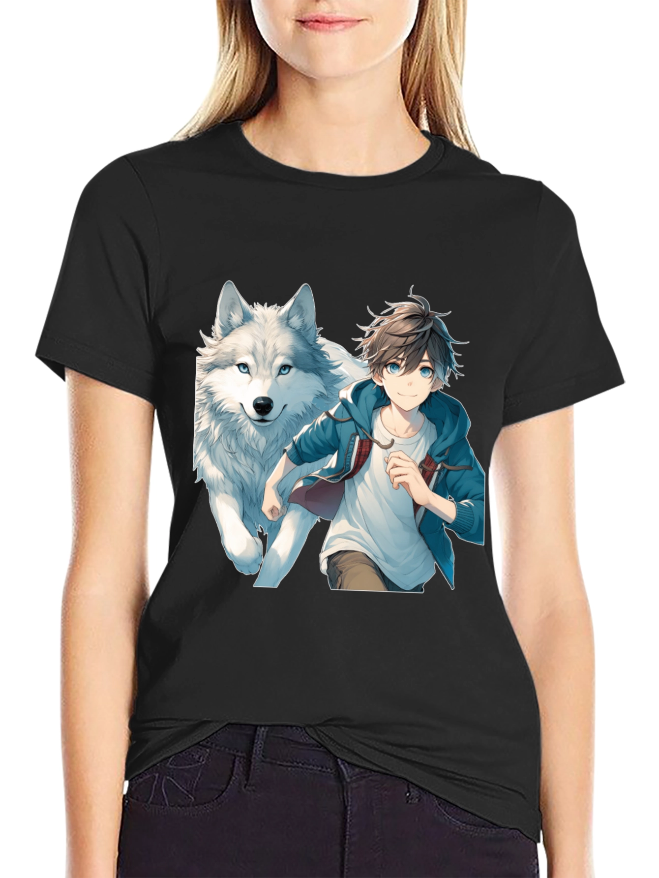 Anime Boy & Wolf Graphic Black T-Shirt