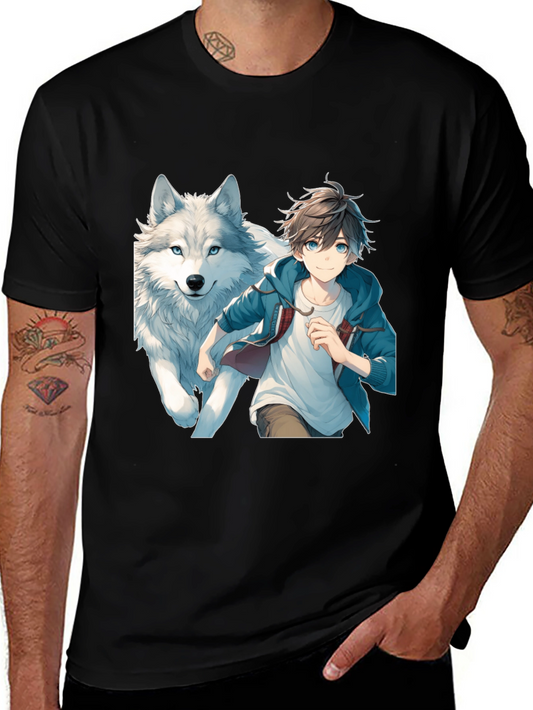 Anime Boy & Wolf Graphic Black T-Shirt