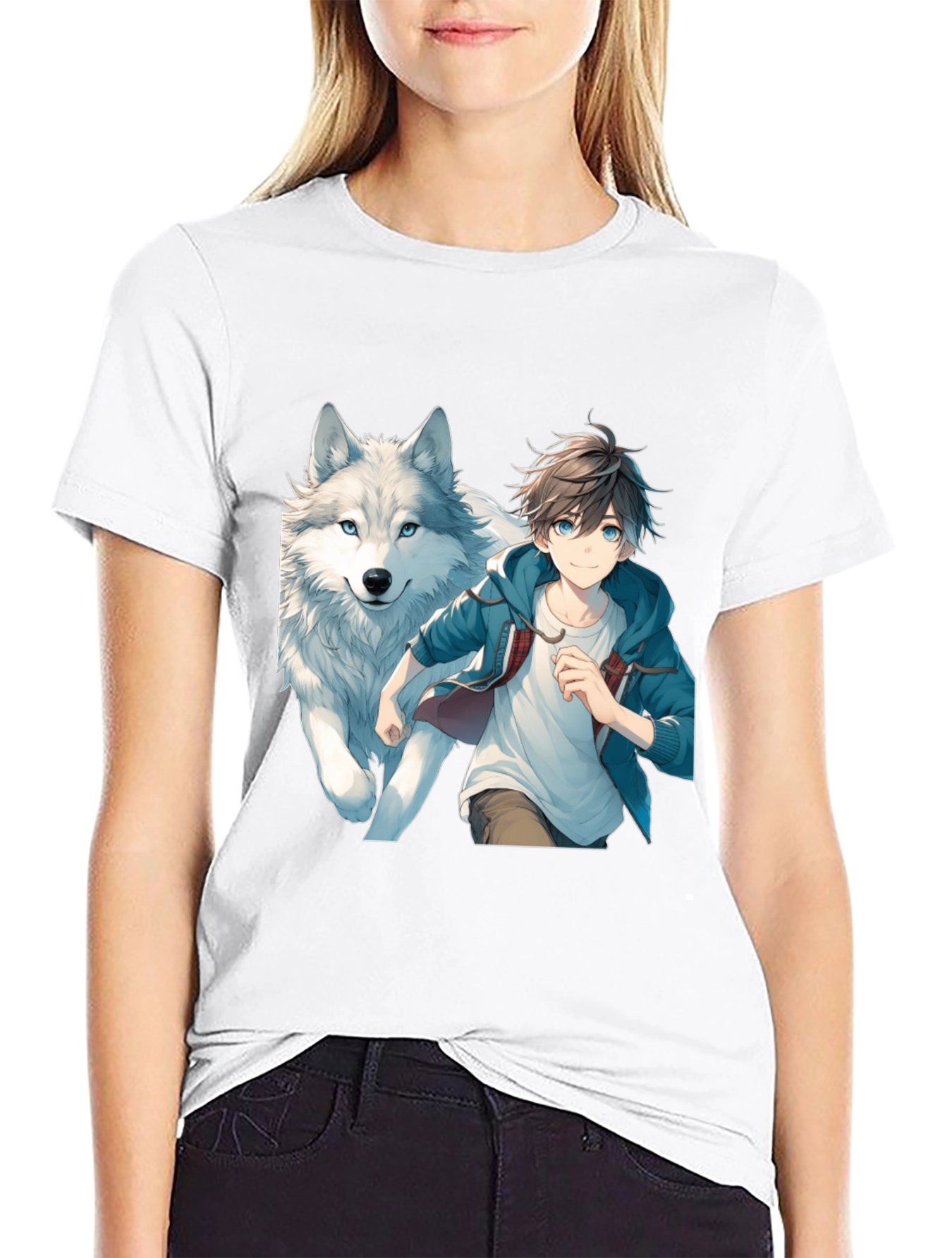 Anime Boy & Wolf Graphic Black T-Shirt