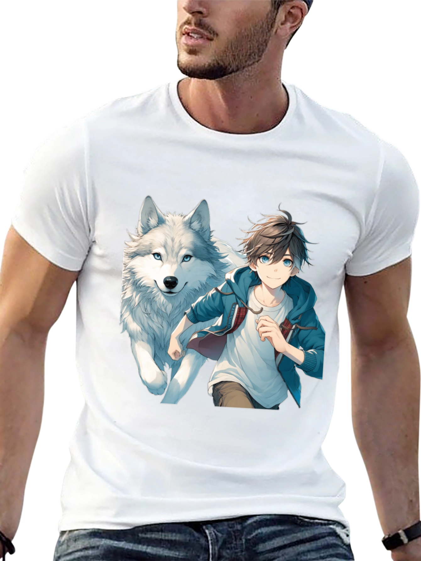 Anime Boy & Wolf Graphic Black T-Shirt