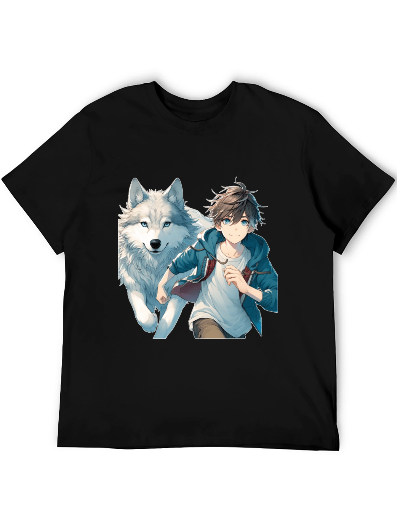 Anime Boy & Wolf Graphic Black T-Shirt