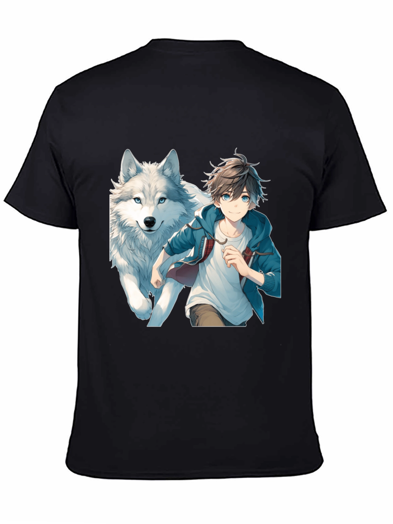 Anime Boy & Wolf Graphic Black T-Shirt