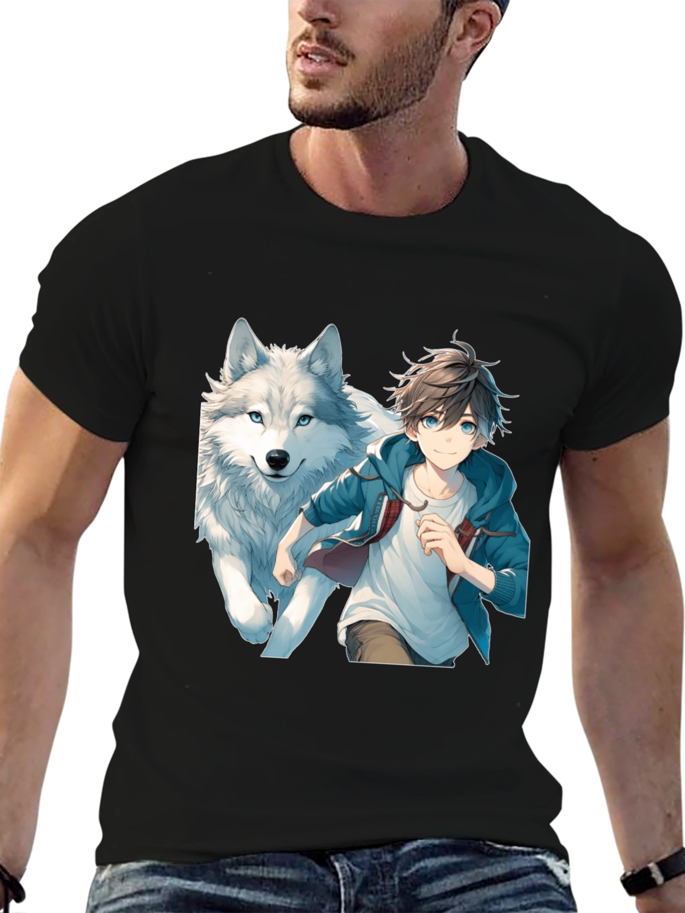Anime Boy & Wolf Graphic Black T-Shirt