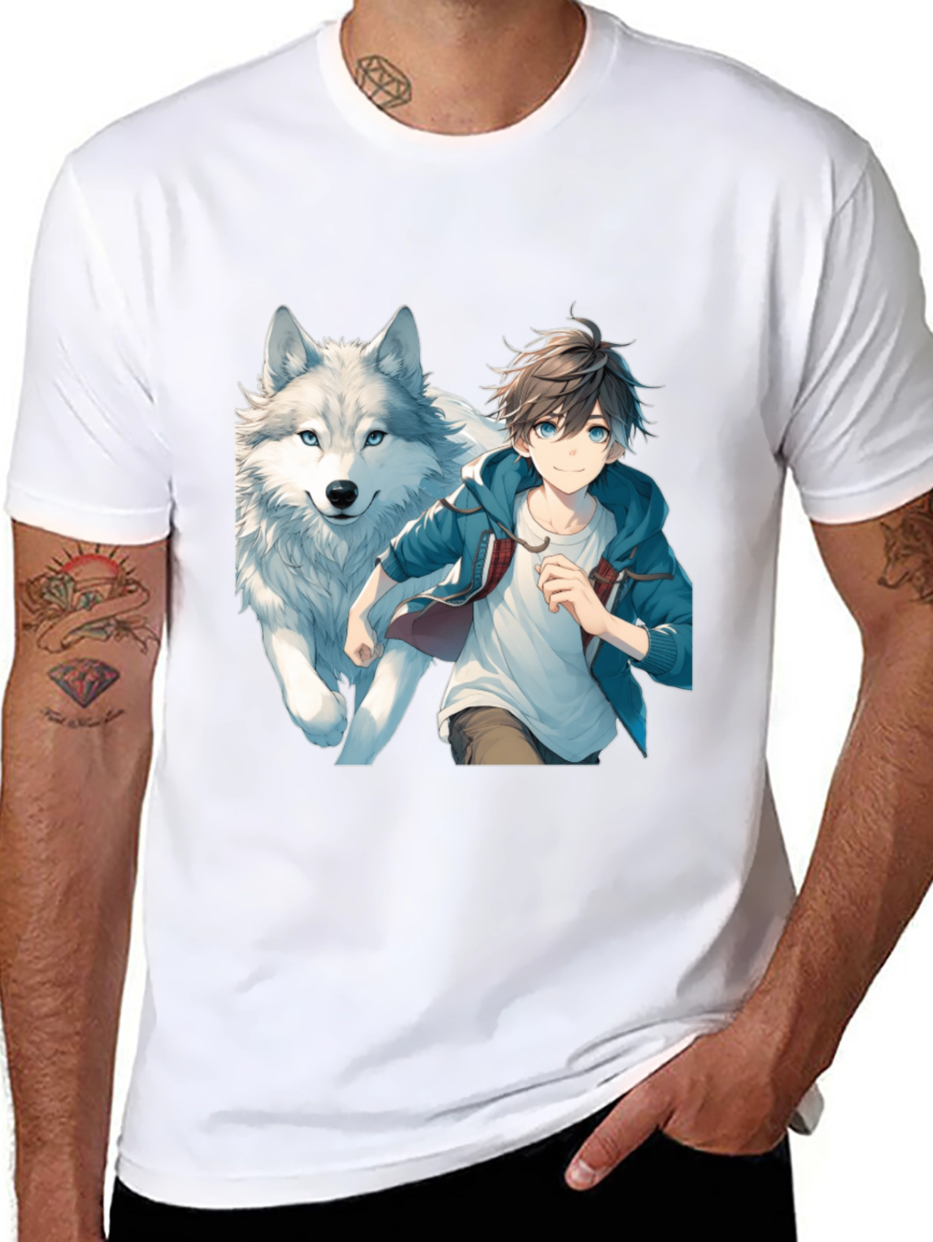 Anime Boy & Wolf Graphic Black T-Shirt