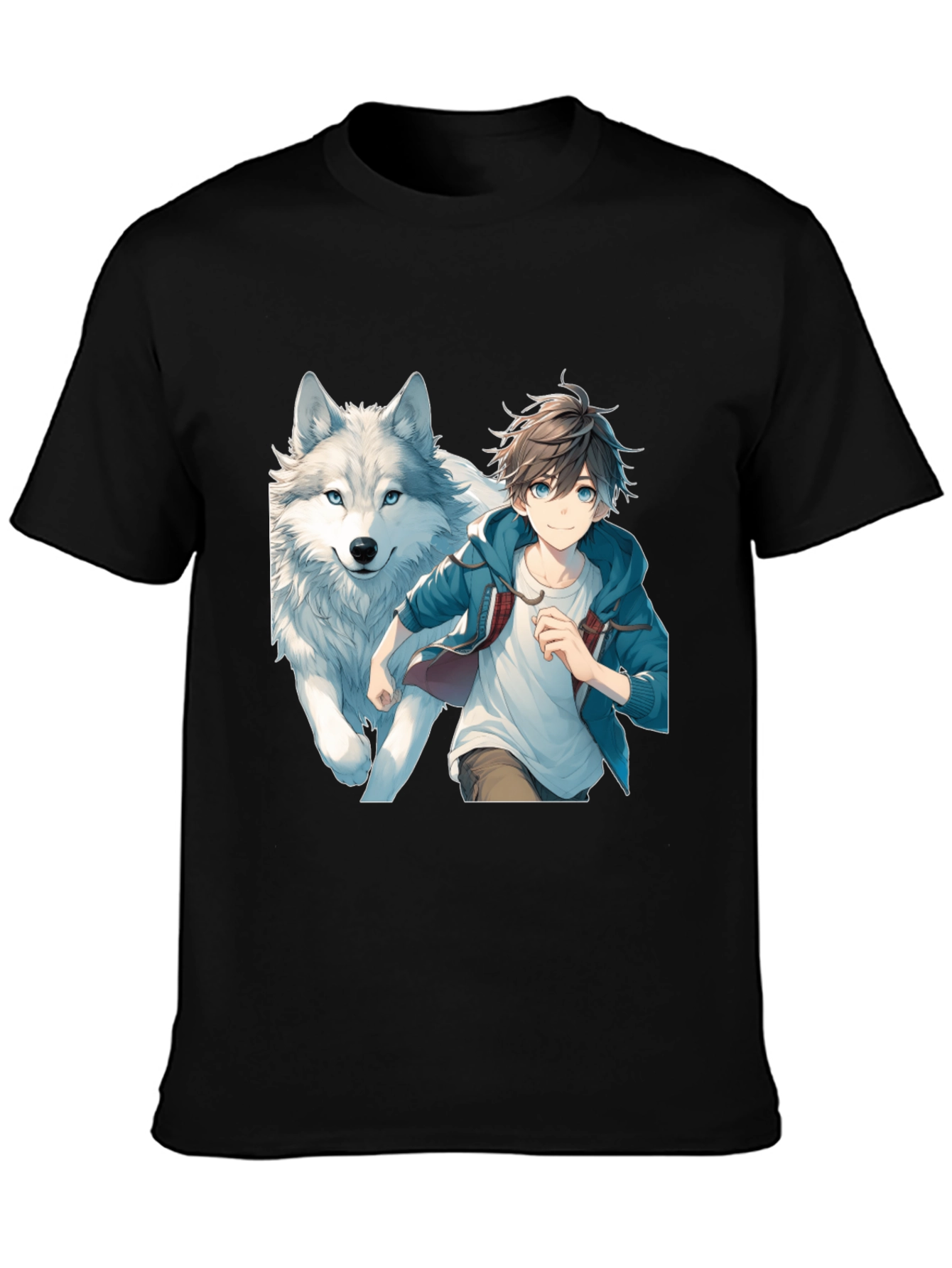 Anime Boy & Wolf Graphic Black T-Shirt