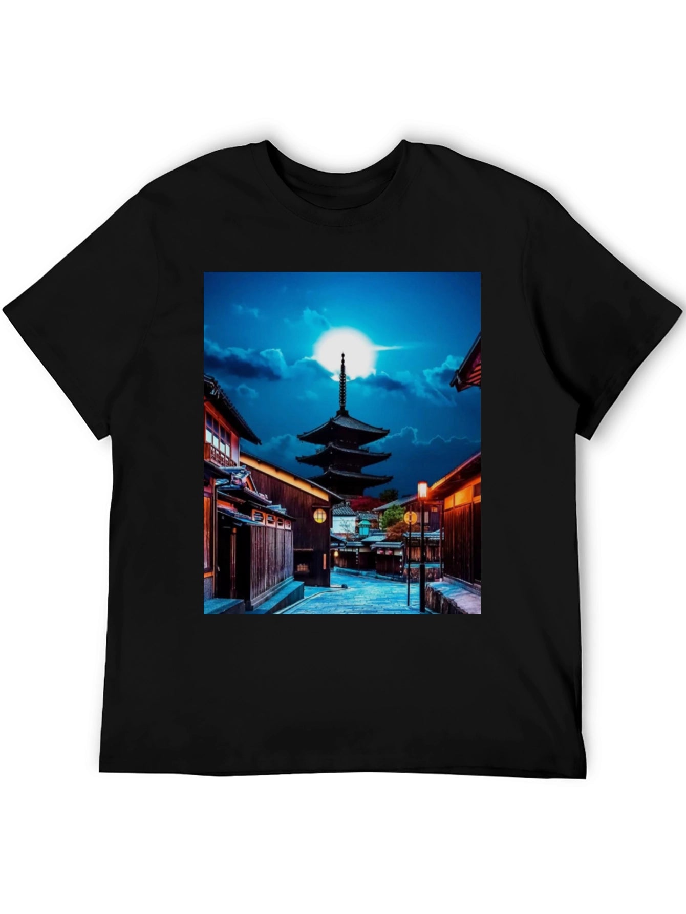 Japanese Pagoda Black Tee - Unique Cityscape Design