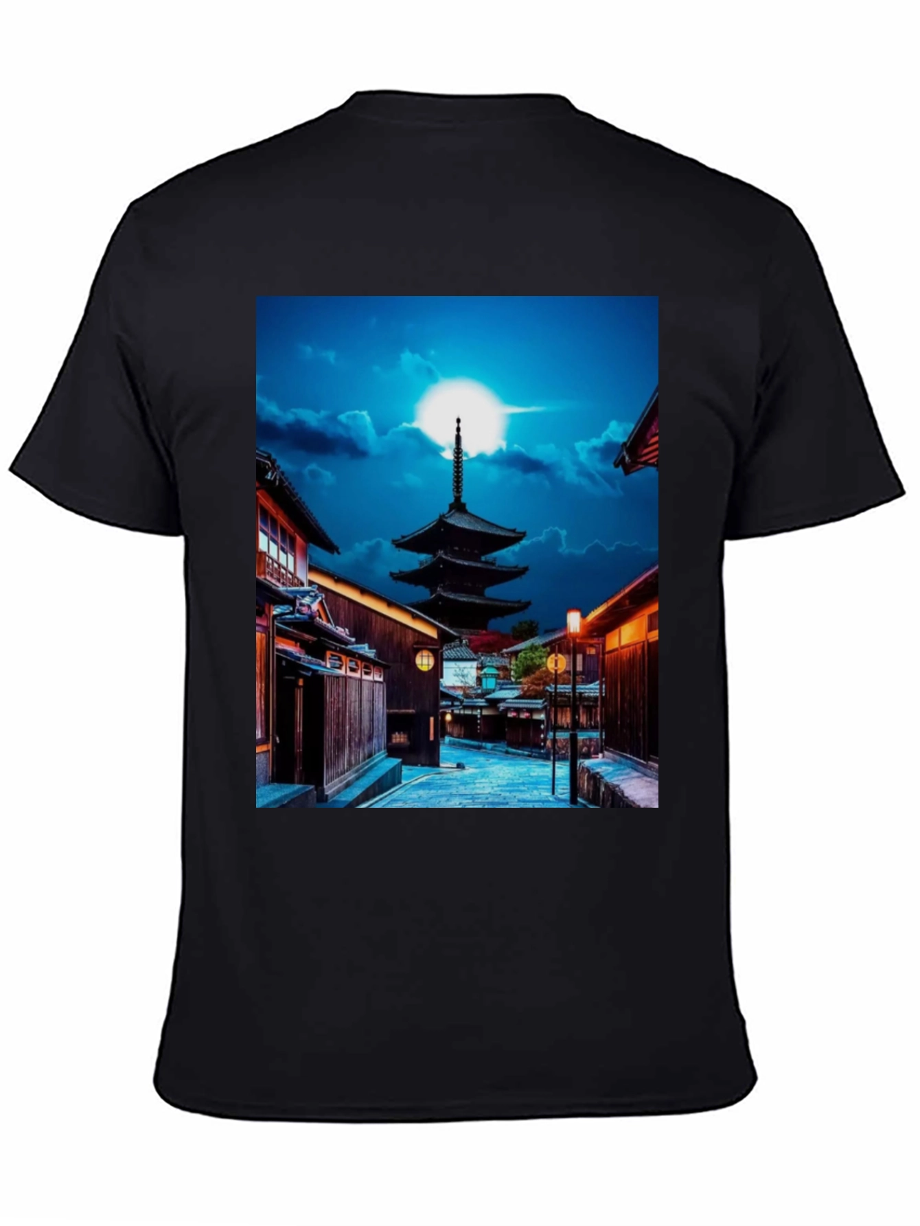 Japanese Pagoda Black Tee - Unique Cityscape Design