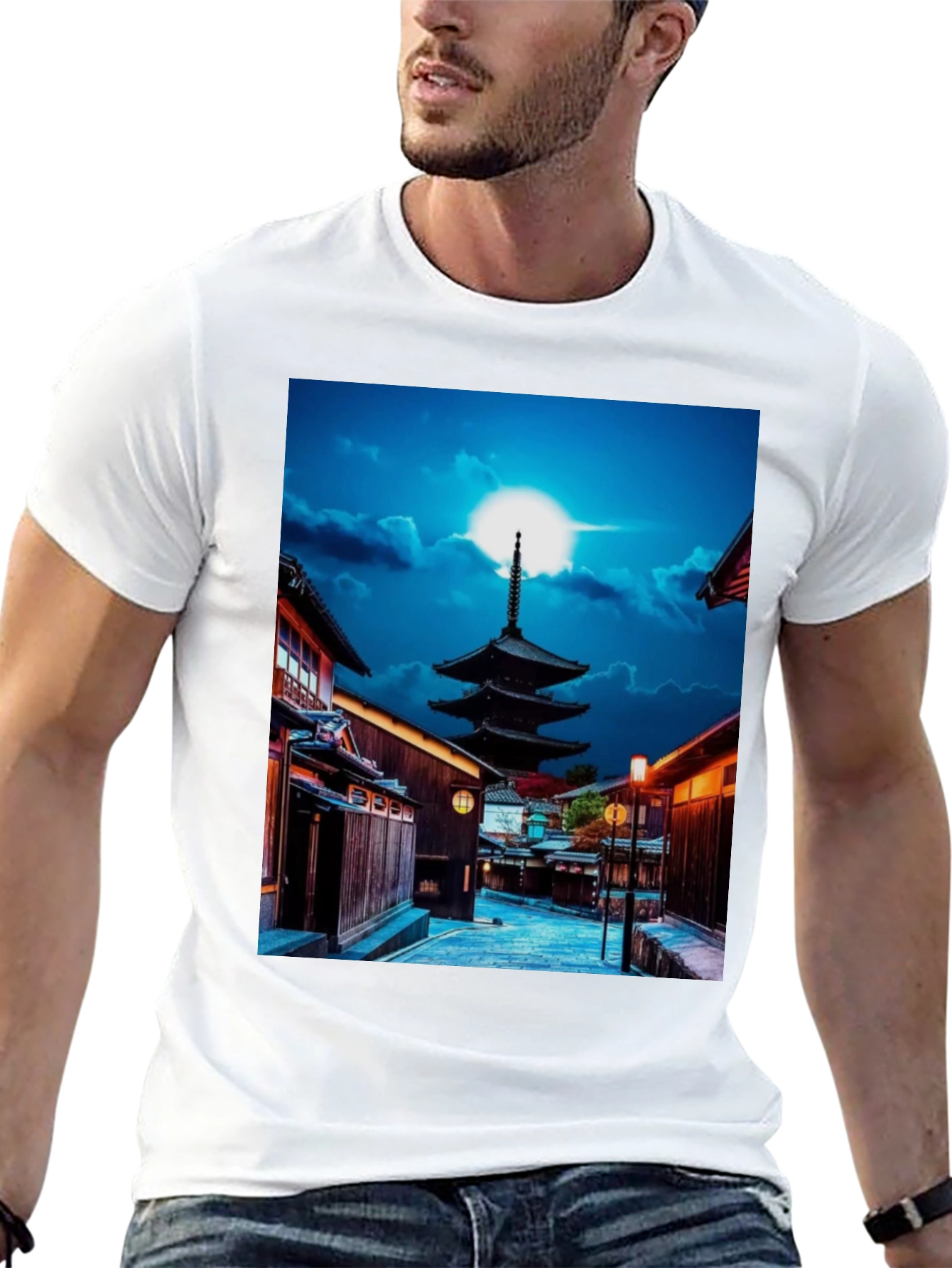 Japanese Pagoda Black Tee - Unique Cityscape Design