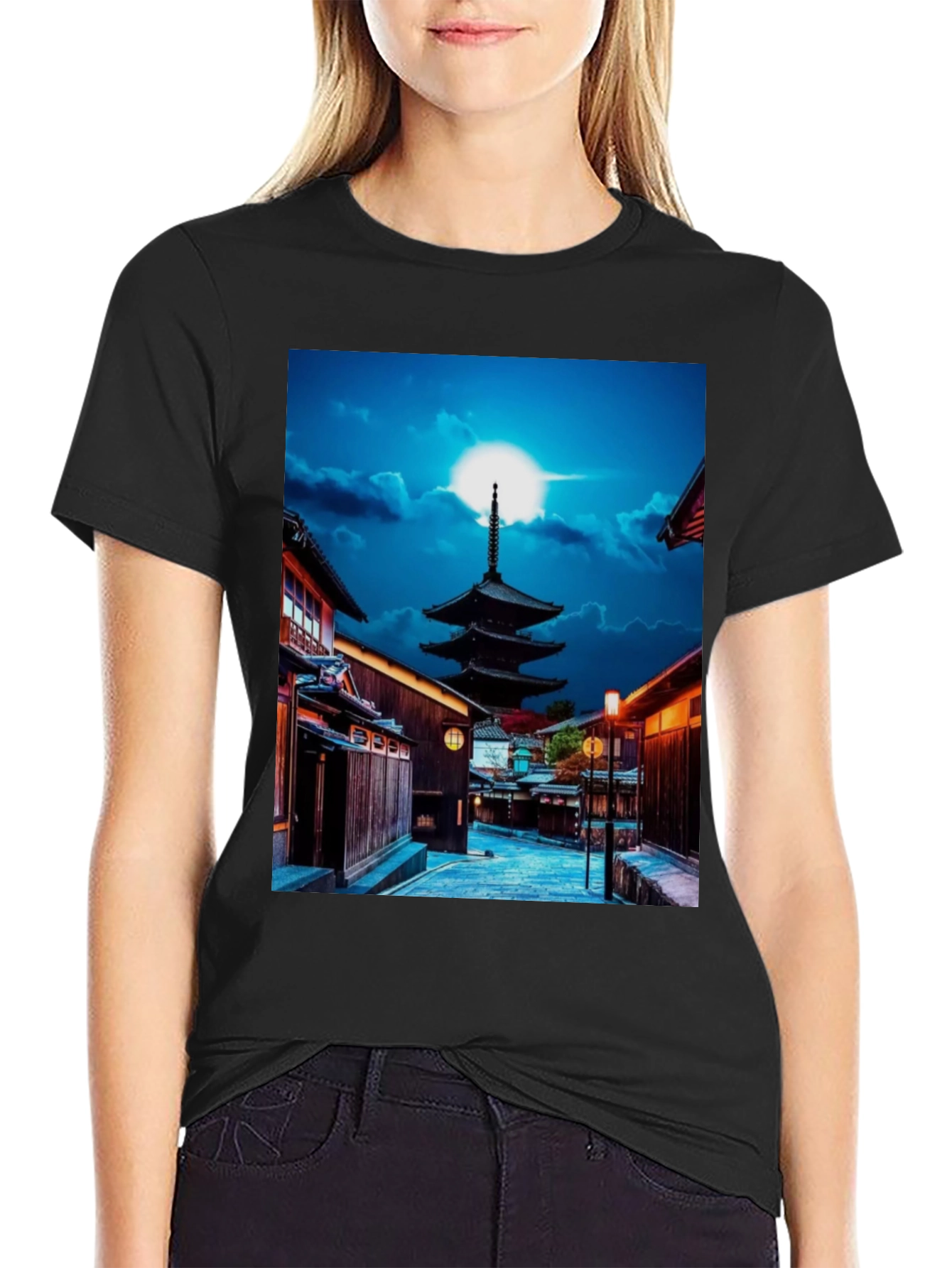 Japanese Pagoda Black Tee - Unique Cityscape Design