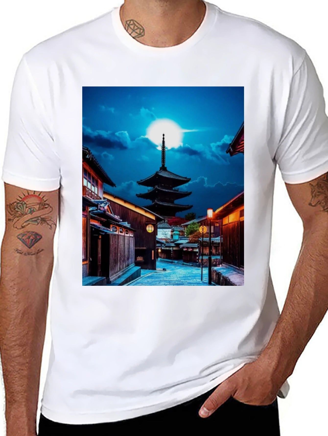 Japanese Pagoda Black Tee - Unique Cityscape Design