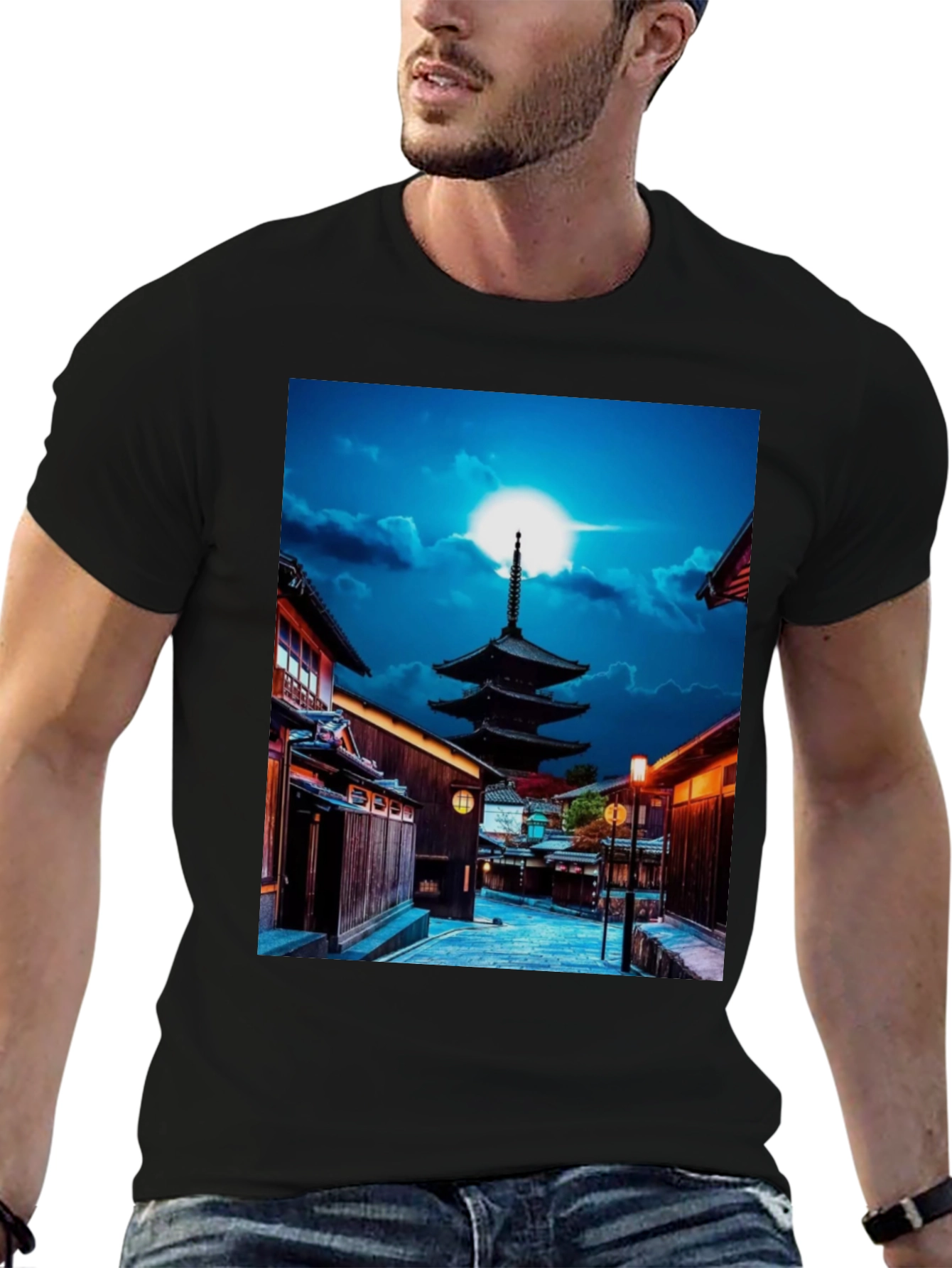 Japanese Pagoda Black Tee - Unique Cityscape Design