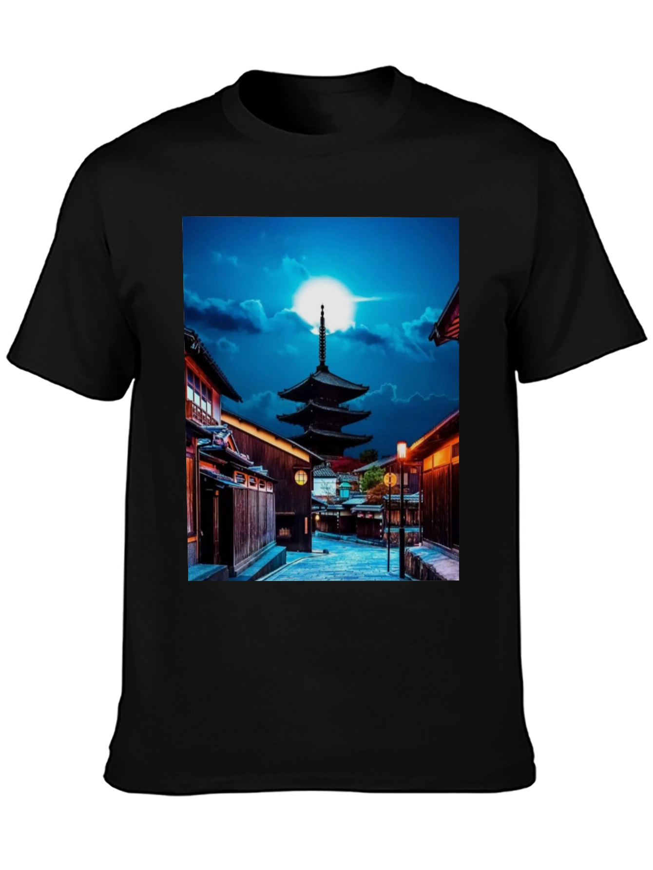 Japanese Pagoda Black Tee - Unique Cityscape Design