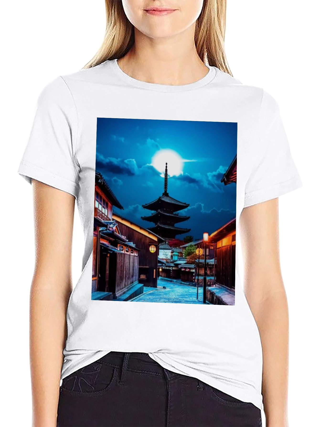 Japanese Pagoda Black Tee - Unique Cityscape Design