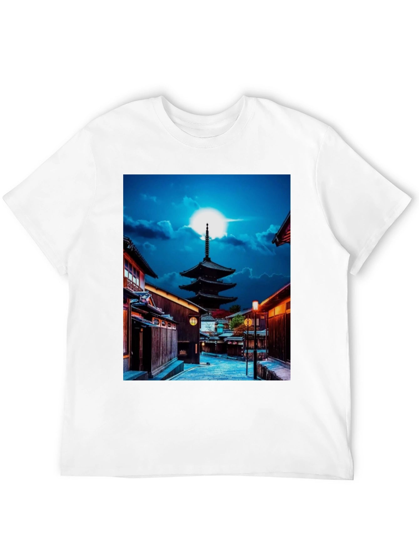 Japanese Pagoda Black Tee - Unique Cityscape Design