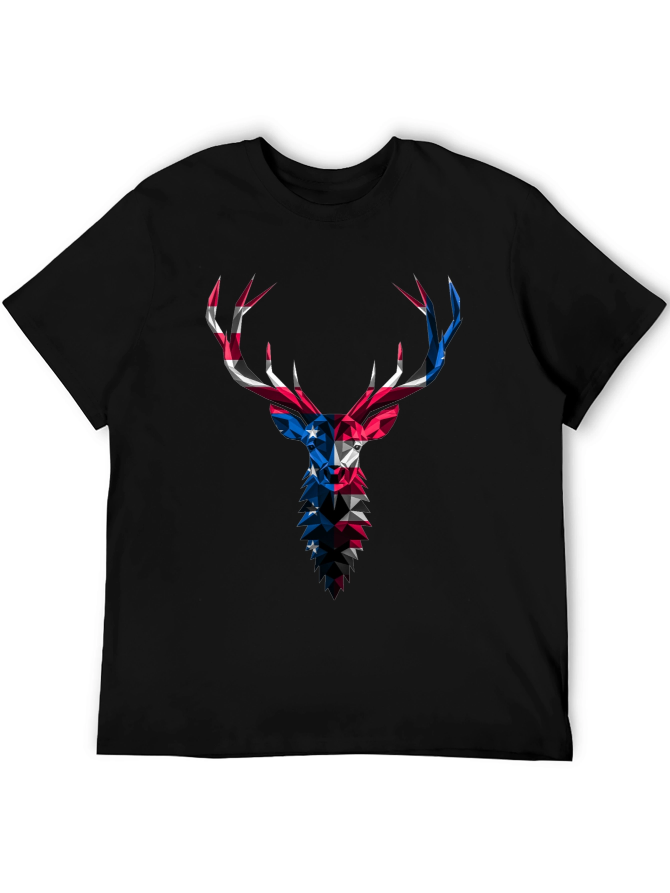 Geometric Deer USA Flag Graphic Black T-Shirt