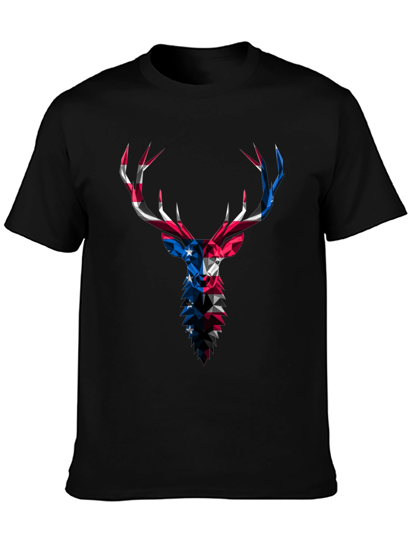 Geometric Deer USA Flag Graphic Black T-Shirt