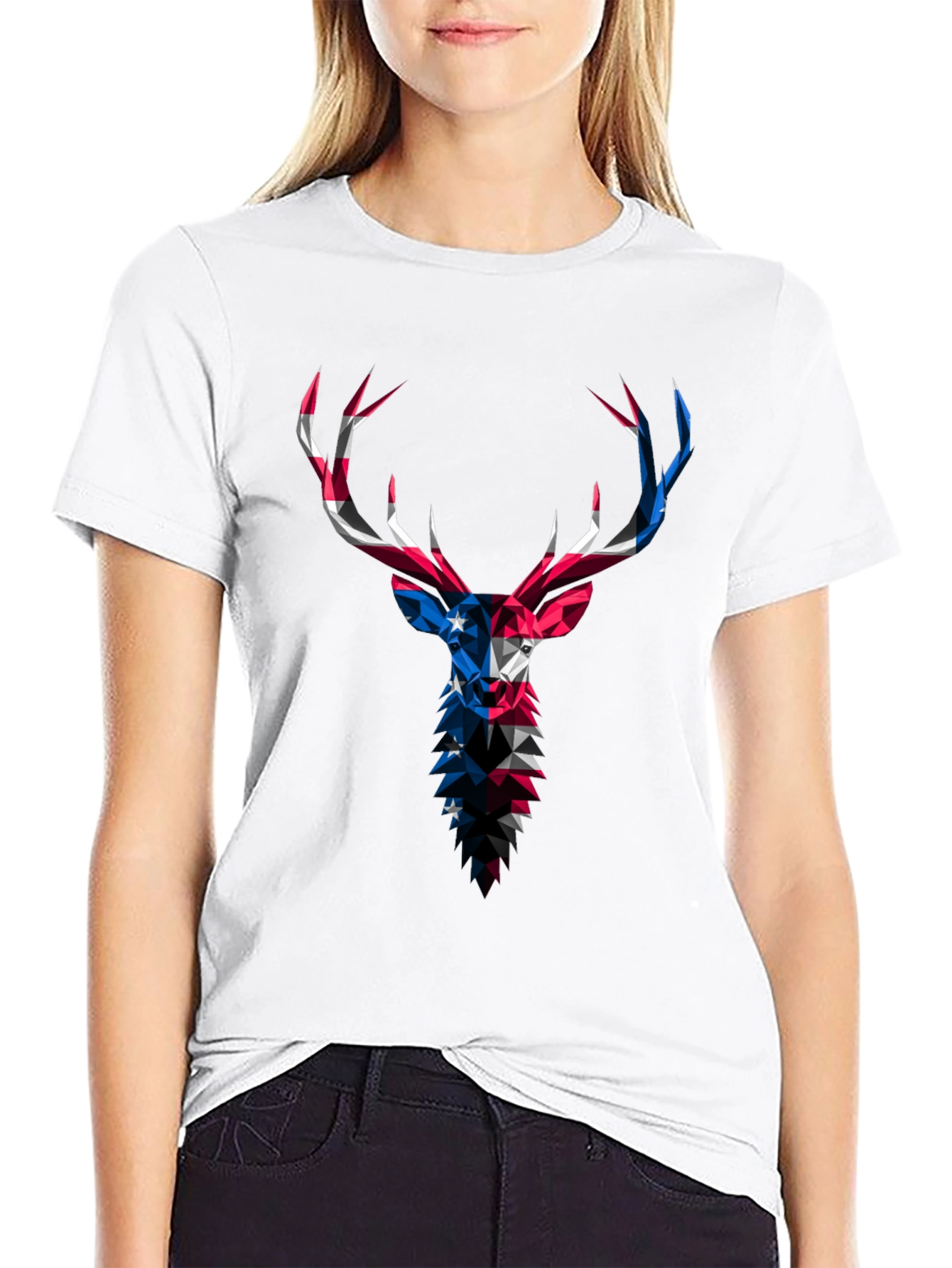 Geometric Deer USA Flag Graphic Black T-Shirt