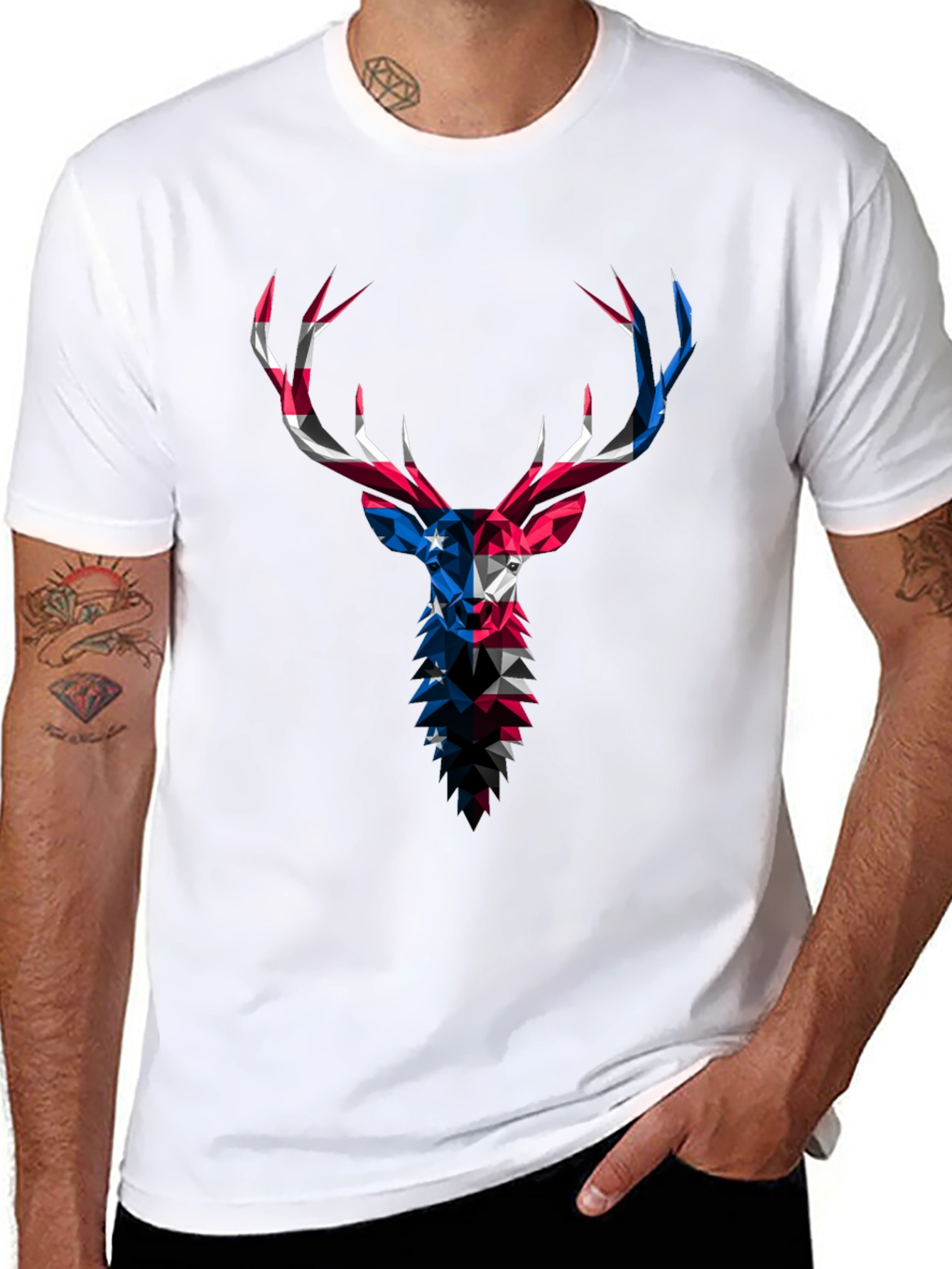 Geometric Deer USA Flag Graphic Black T-Shirt